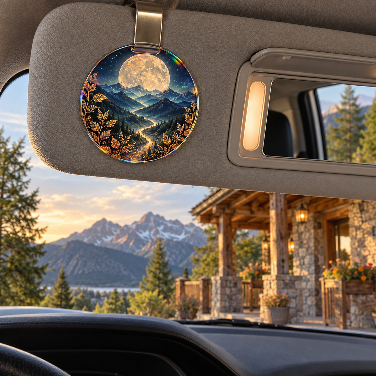 Moonlit Summit Gratitude Holographic Car Visor Clip with printed optical 3D artwork in its use setting