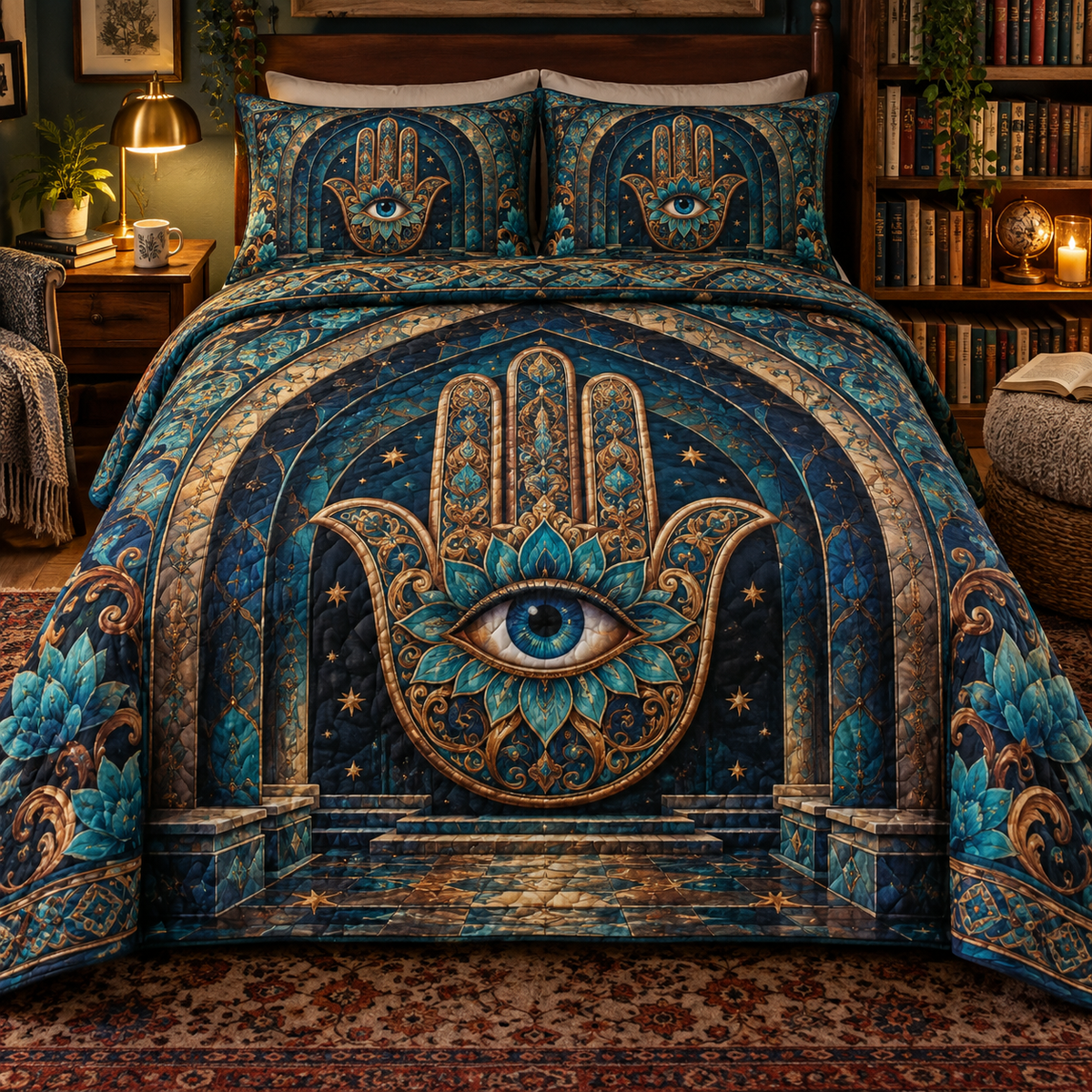 Hamsa Starlit Reading Nook Quilted Bedding Set with printed optical 3D artwork in its use setting