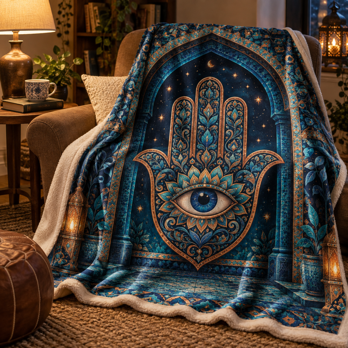 Hamsa Starlit Reading Nook Sherpa & Fleece Blanket with printed optical 3D artwork in its use setting