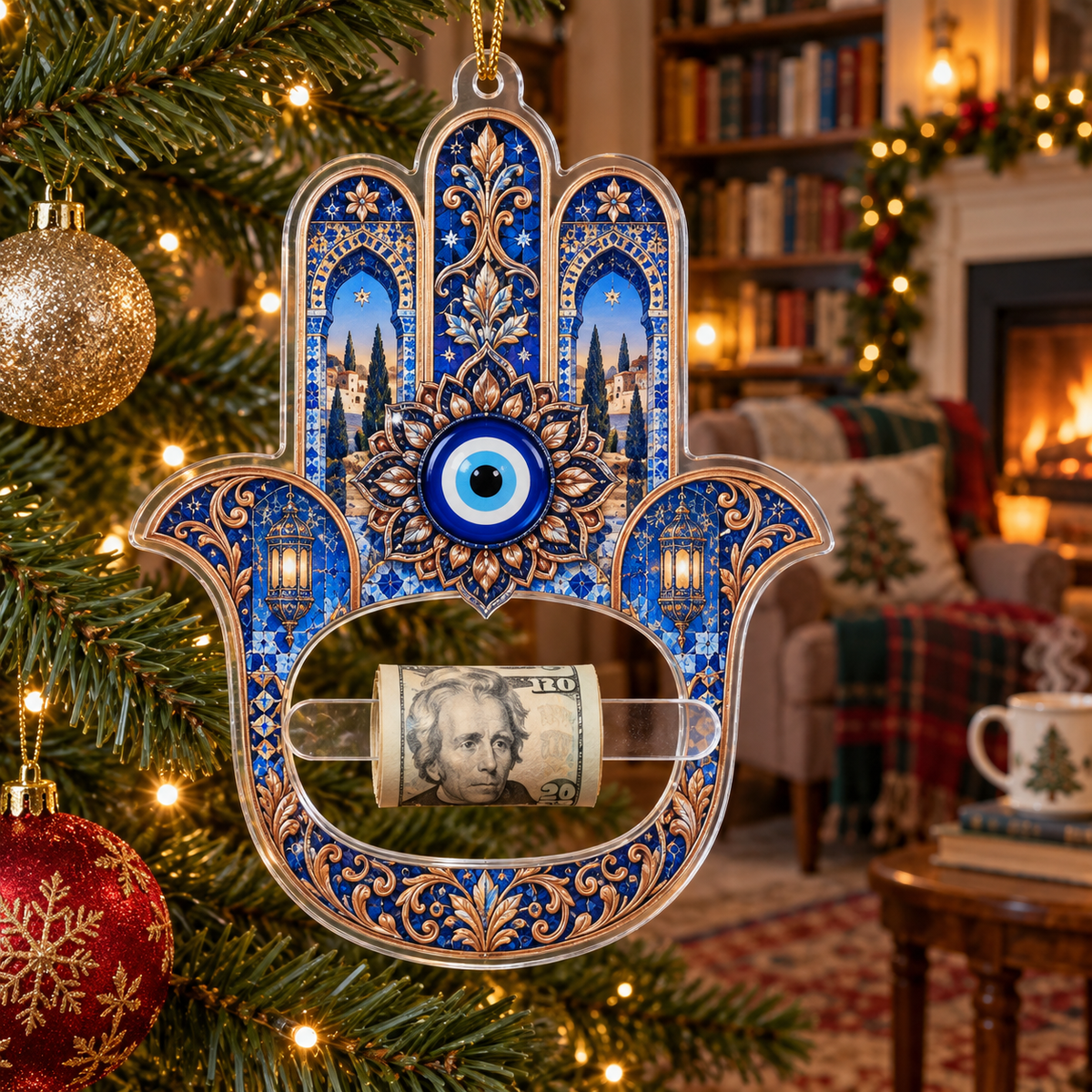 Hamsa Starlit Reading Nook Acrylic Cash Holder Ornament with printed optical 3D artwork in its use setting