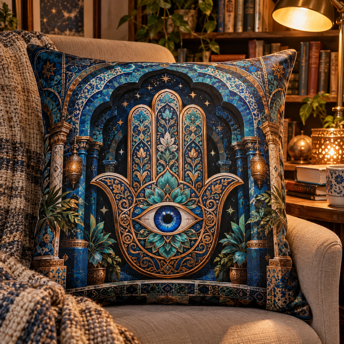 Hamsa Starlit Reading Nook Quilted Cushion Cover with printed optical 3D artwork in its use setting