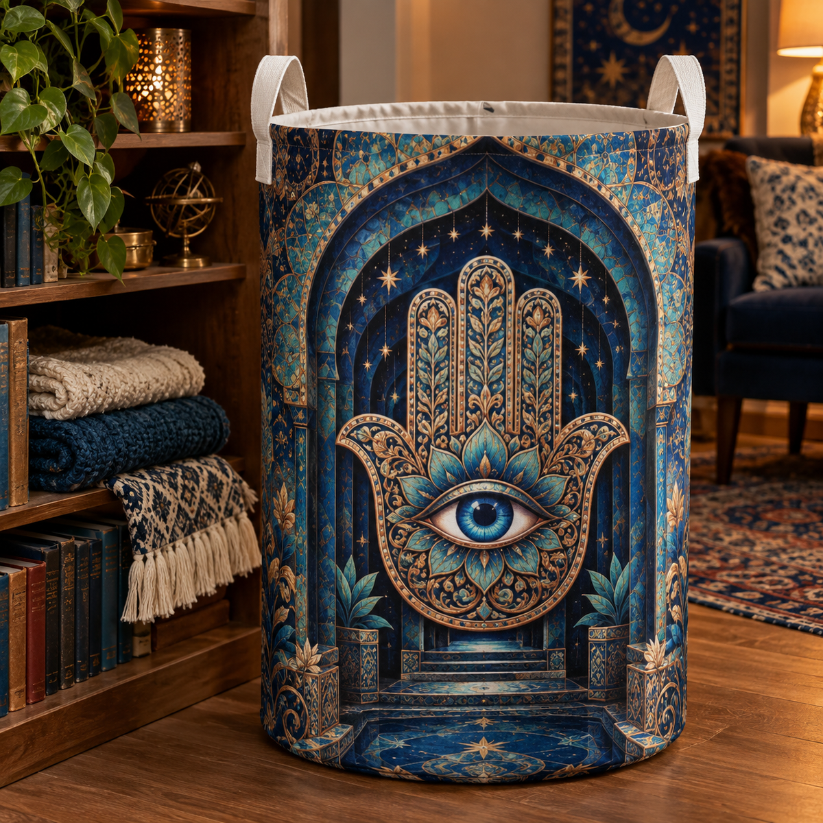 Hamsa Starlit Reading Nook Laundry Hamper with printed optical 3D artwork in its use setting
