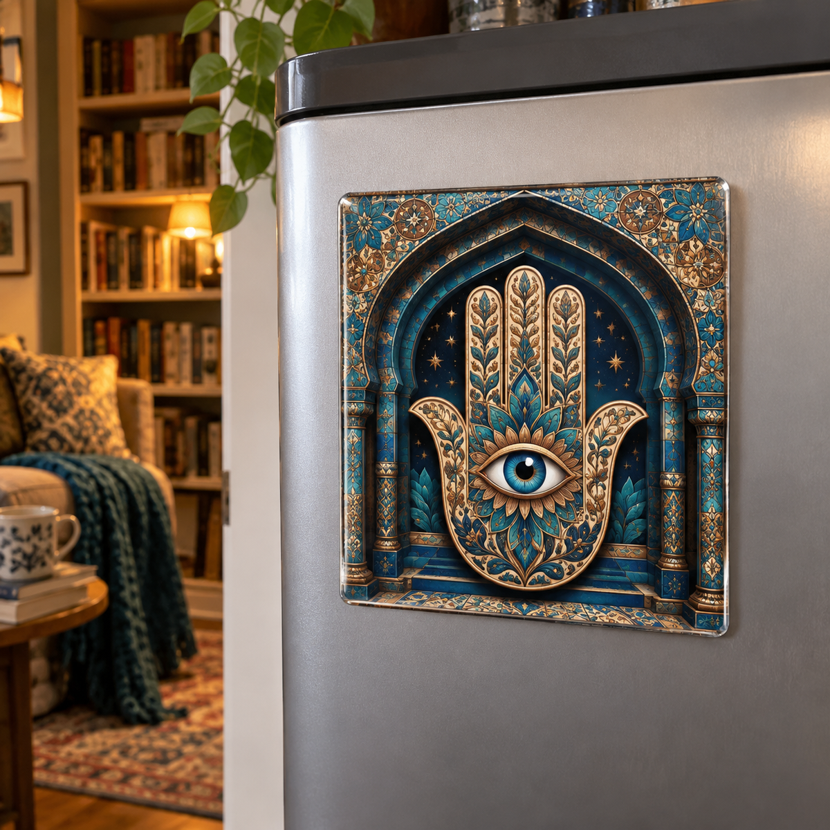 Hamsa Starlit Reading Nook Acrylic Refrigerator Magnet with printed optical 3D artwork in its use setting