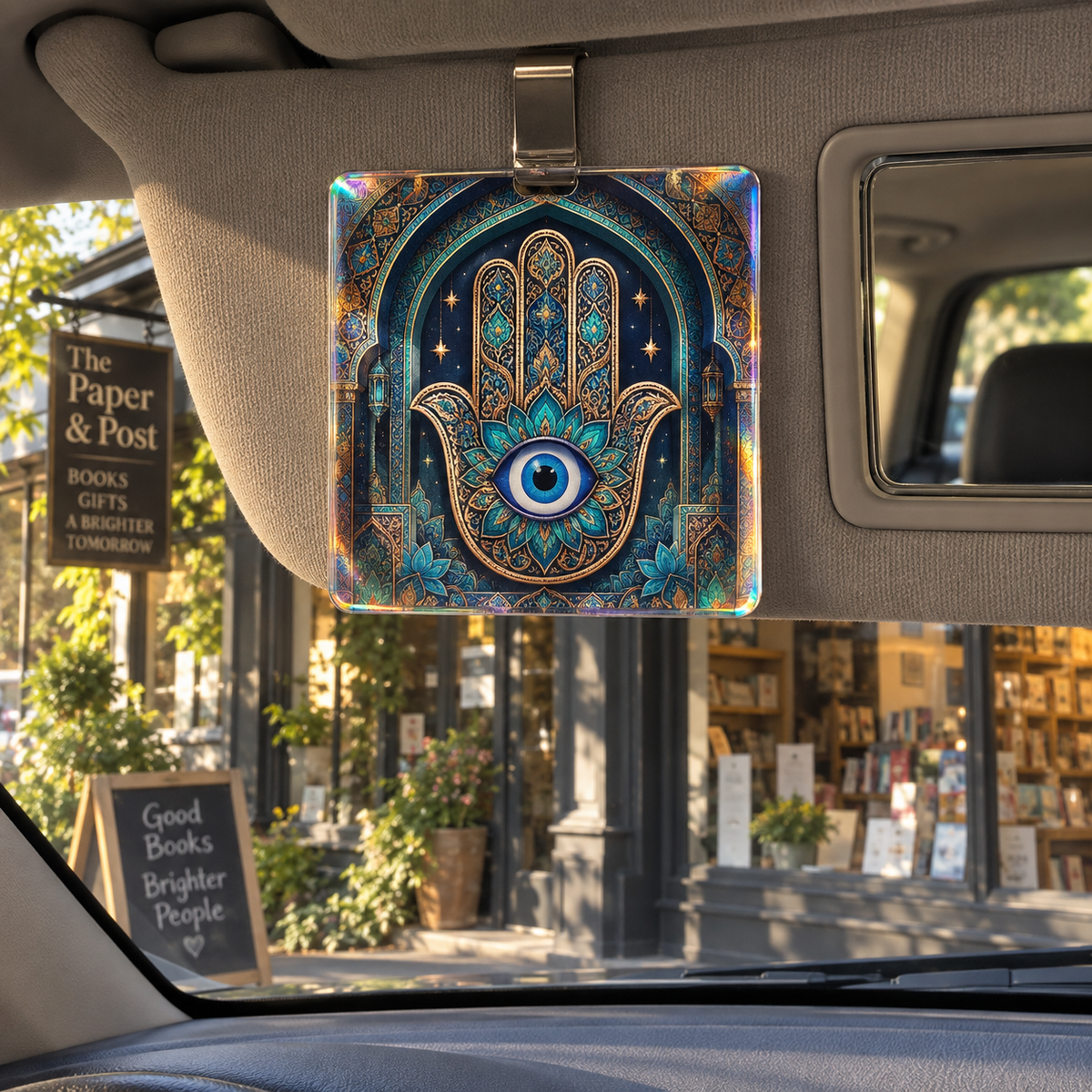 Hamsa Starlit Reading Nook Holographic Car Visor Clip with printed optical 3D artwork in its use setting