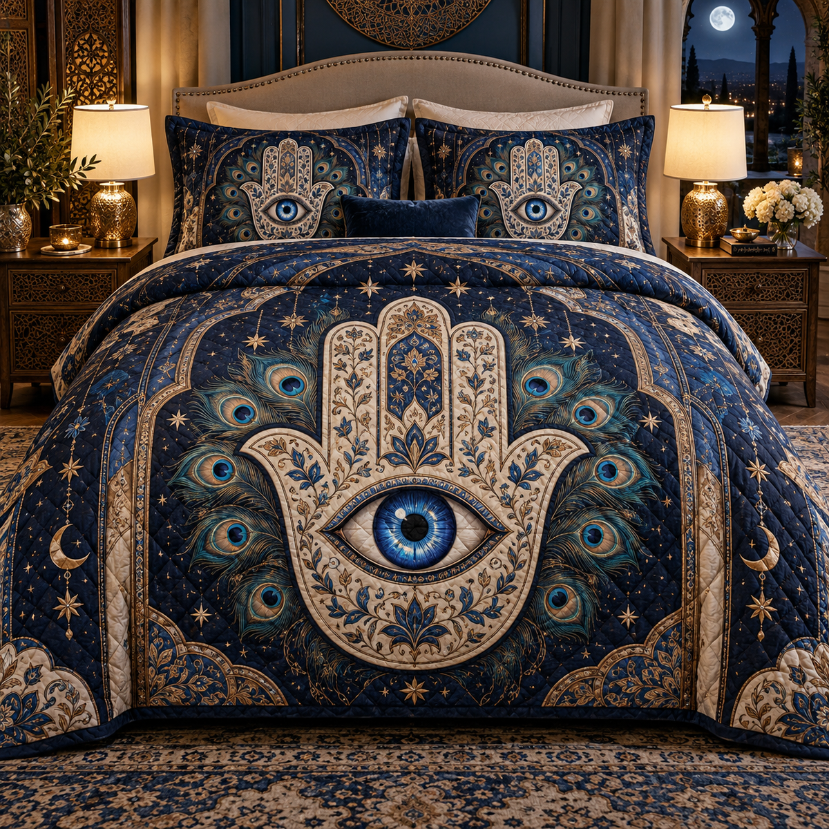 Hamsa Celestial Sanctuary Quilted Bedding Set with printed optical 3D artwork in its use setting