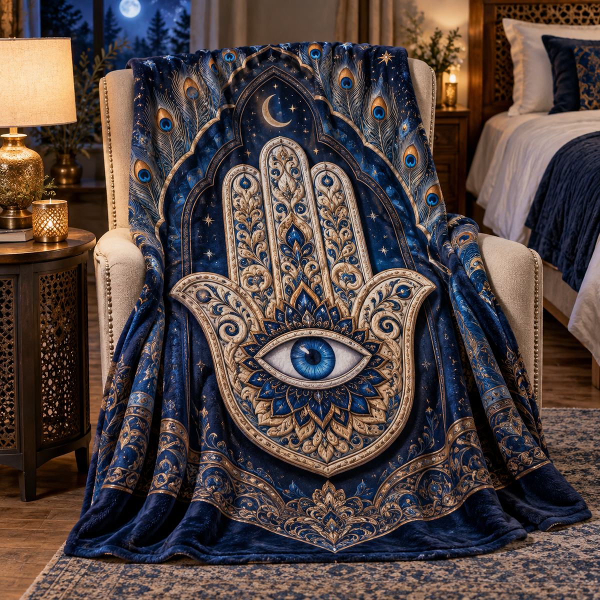 Hamsa Celestial Sanctuary Sherpa & Fleece Blanket with printed optical 3D artwork in its use setting