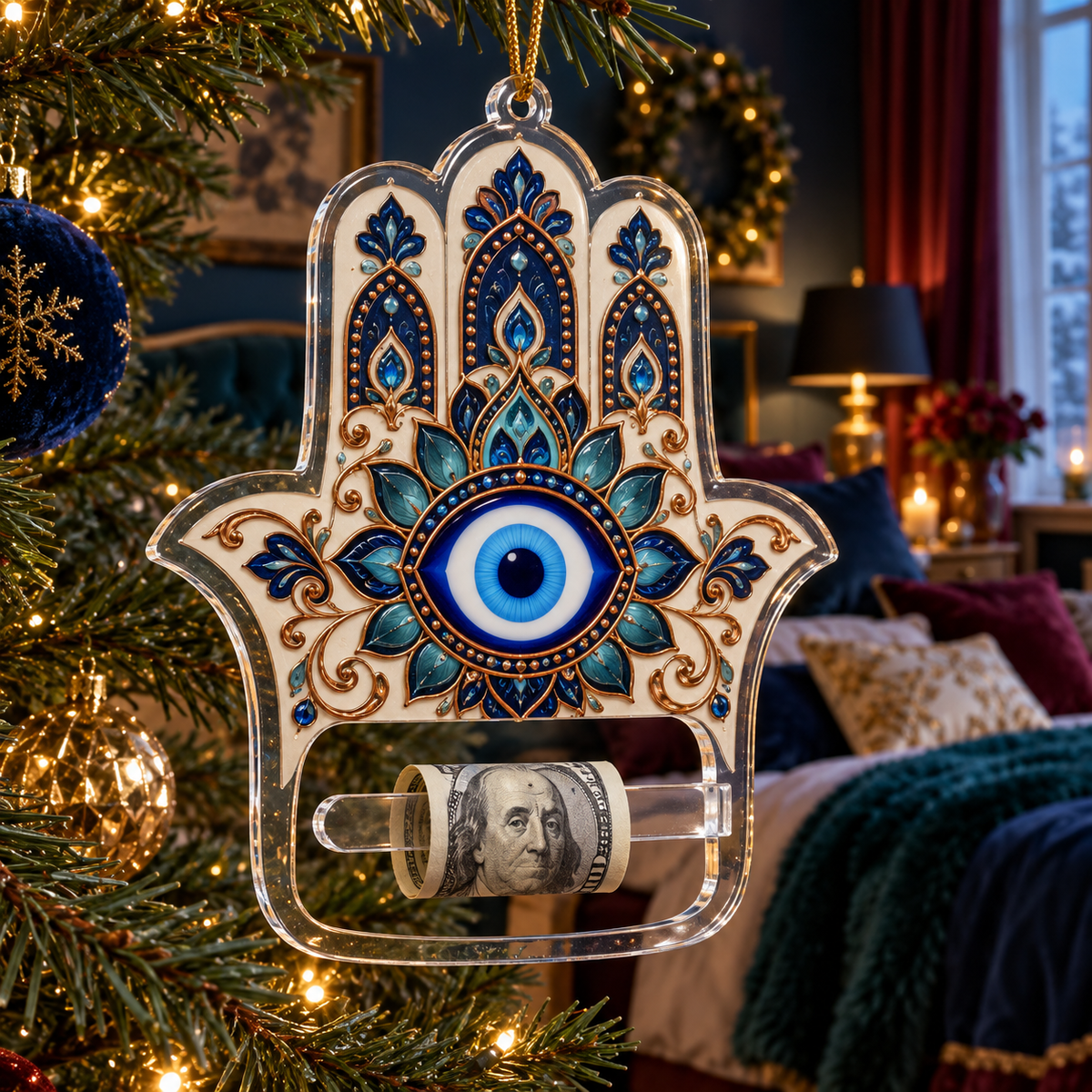 Hamsa Celestial Sanctuary Acrylic Cash Holder Ornament with printed optical 3D artwork in its use setting