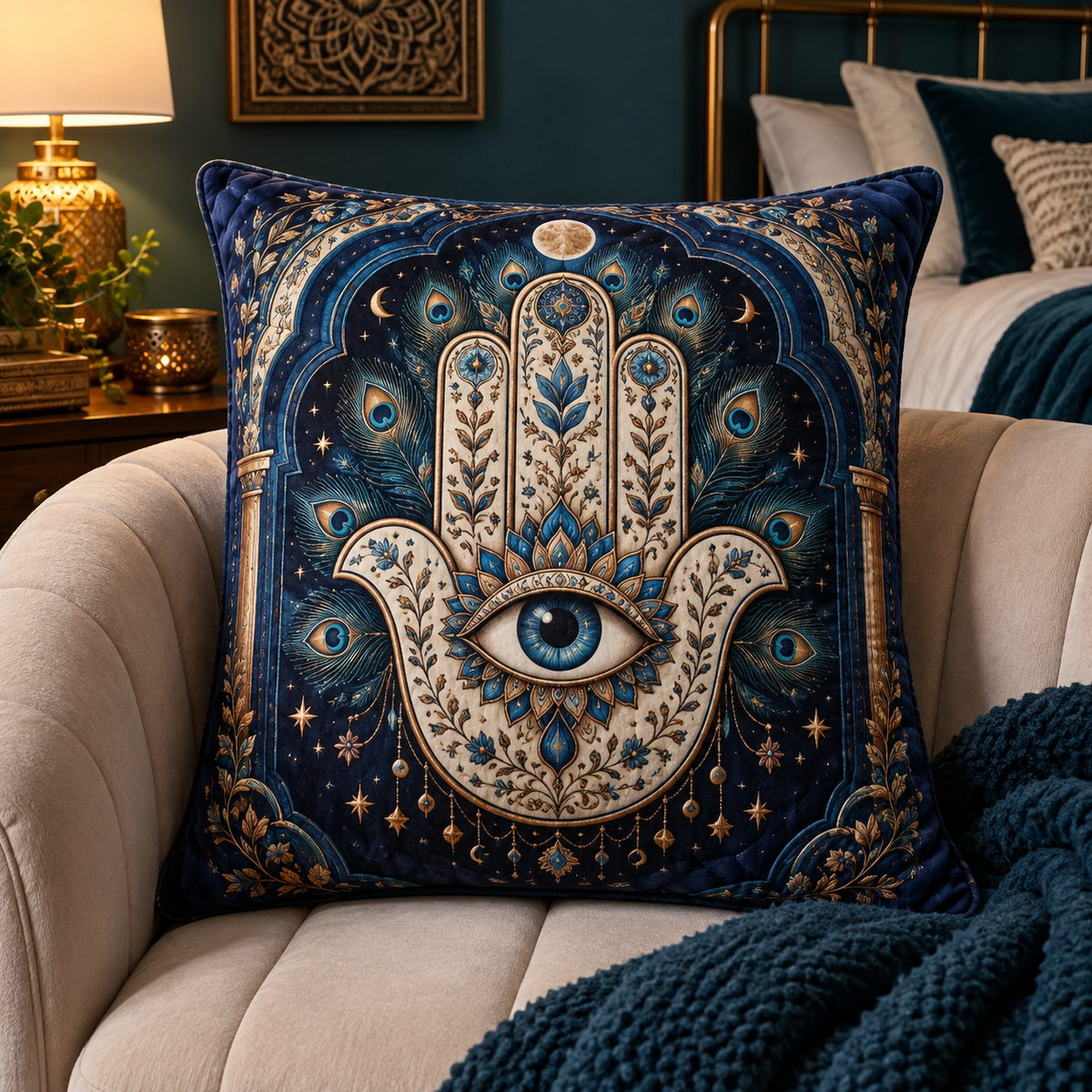Hamsa Celestial Sanctuary Quilted Cushion Cover with printed optical 3D artwork in its use setting