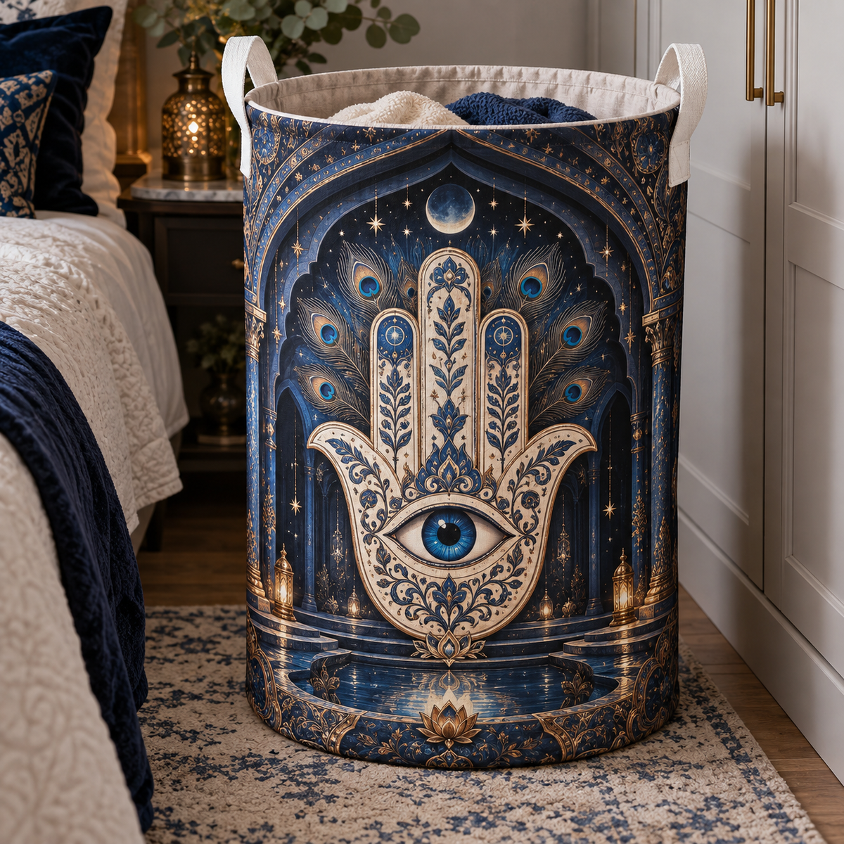 Hamsa Celestial Sanctuary Laundry Hamper with printed optical 3D artwork in its use setting