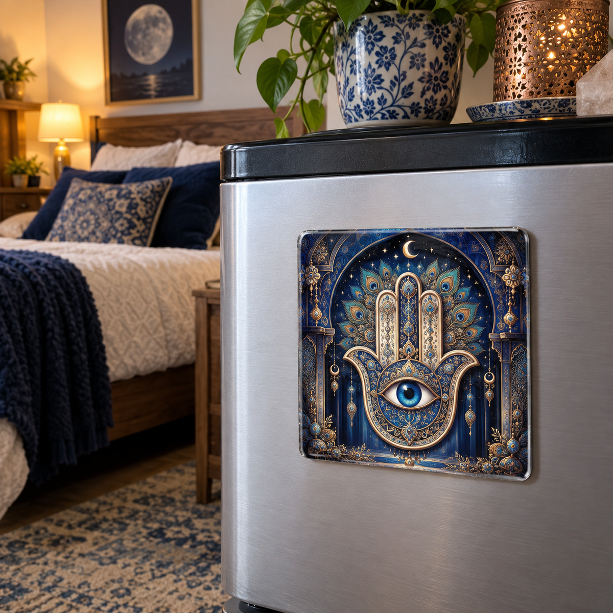 Hamsa Celestial Sanctuary Acrylic Refrigerator Magnet with printed optical 3D artwork in its use setting
