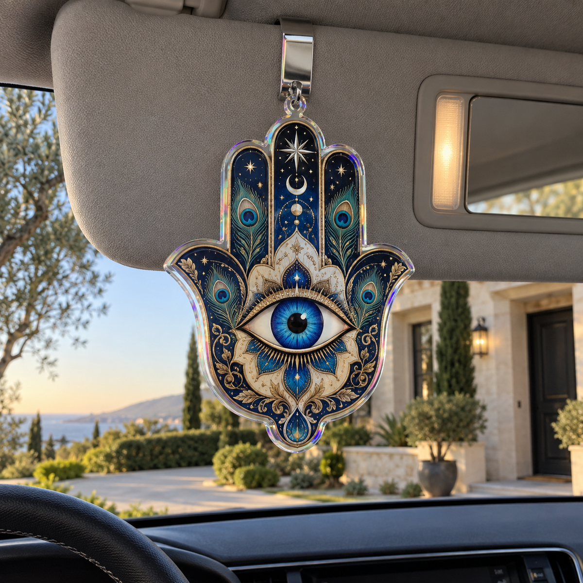 Hamsa Celestial Sanctuary Holographic Car Visor Clip with printed optical 3D artwork in its use setting