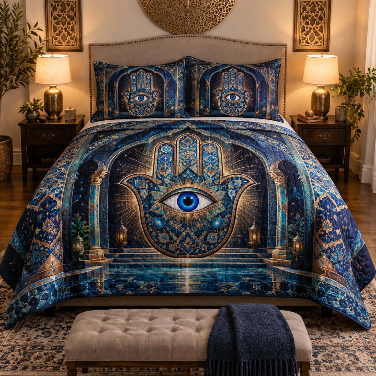 Hamsa Midnight Gallery Quilted Bedding Set with printed optical 3D artwork in its use setting