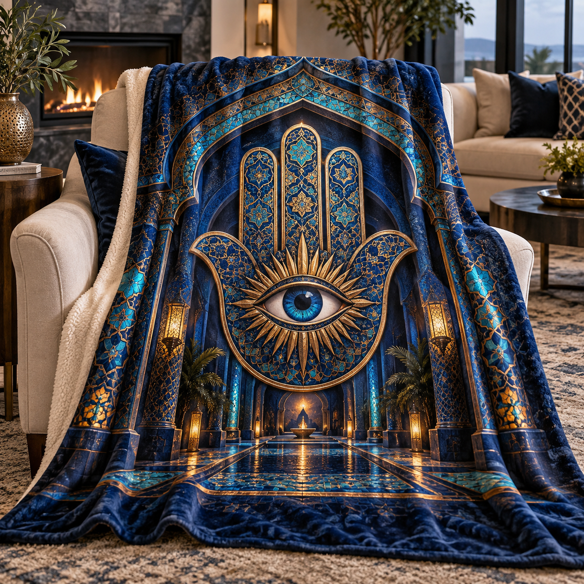 Hamsa Midnight Gallery Sherpa & Fleece Blanket with printed optical 3D artwork in its use setting