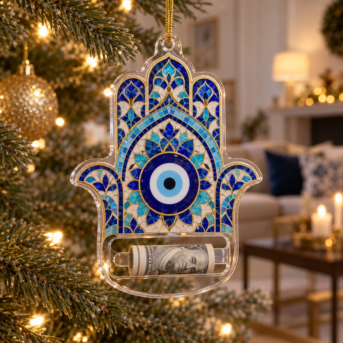Hamsa Midnight Gallery Acrylic Cash Holder Ornament with printed optical 3D artwork in its use setting