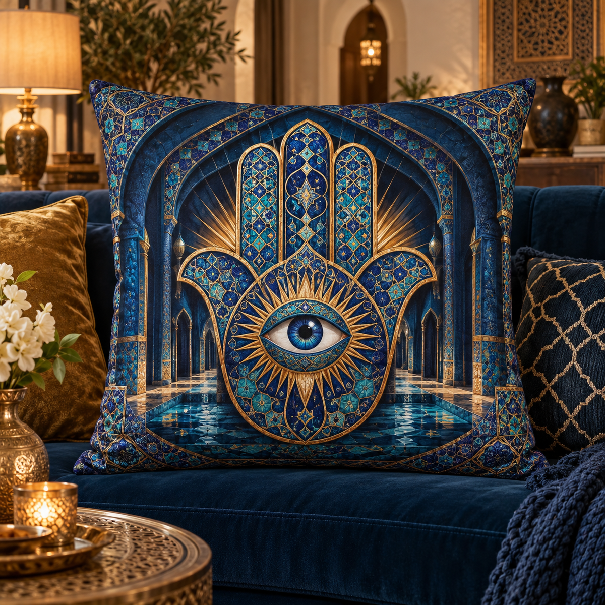 Hamsa Midnight Gallery Quilted Cushion Cover with printed optical 3D artwork in its use setting