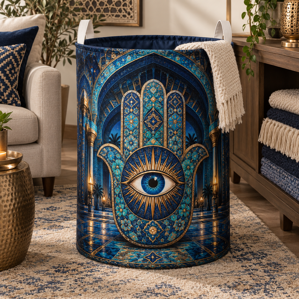 Hamsa Midnight Gallery Laundry Hamper with printed optical 3D artwork in its use setting
