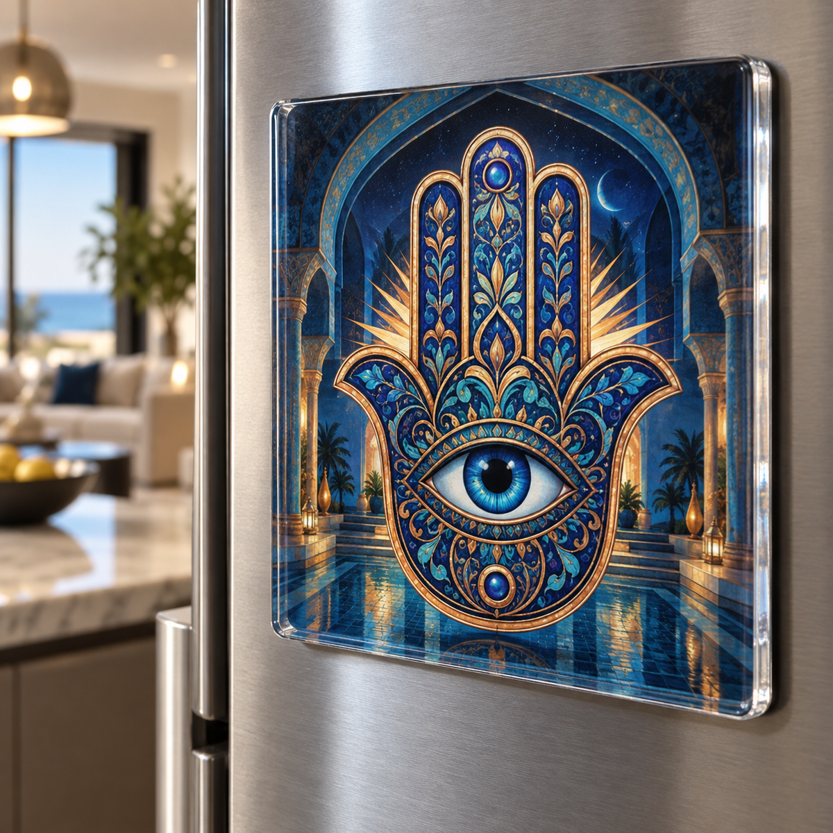 Hamsa Midnight Gallery Acrylic Refrigerator Magnet with printed optical 3D artwork in its use setting