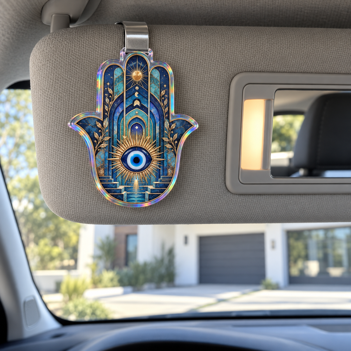 Hamsa Midnight Gallery Holographic Car Visor Clip with printed optical 3D artwork in its use setting