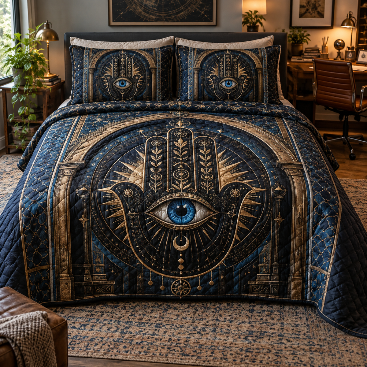 Hamsa Gilded Study Quilted Bedding Set with printed optical 3D artwork in its use setting