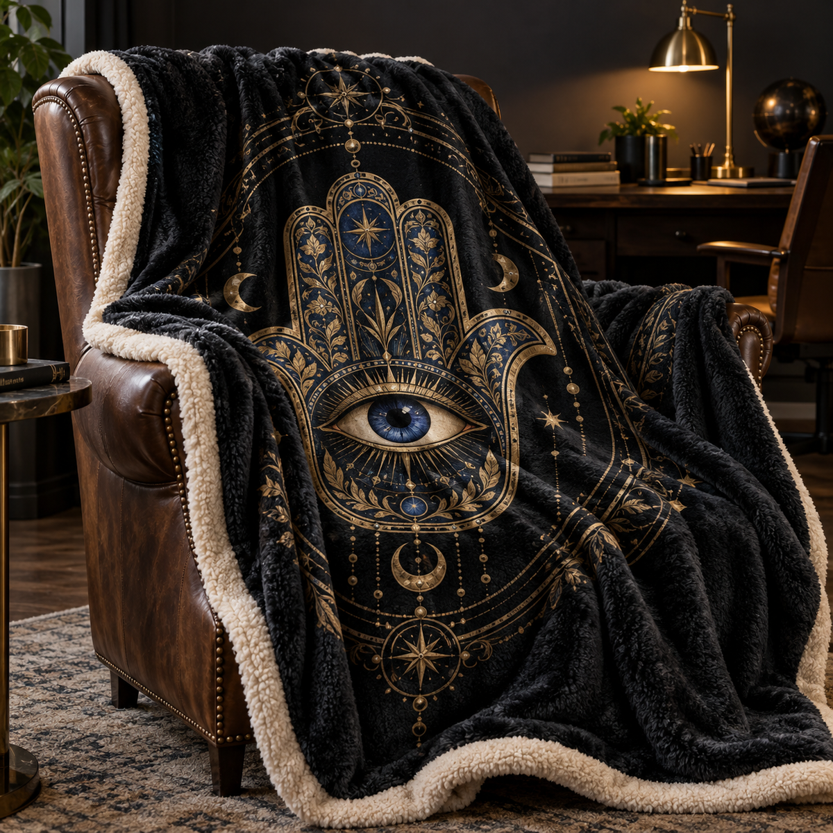 Hamsa Gilded Study Sherpa & Fleece Blanket with printed optical 3D artwork in its use setting
