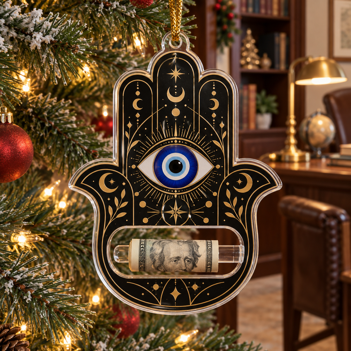 Hamsa Gilded Study Acrylic Cash Holder Ornament with printed optical 3D artwork in its use setting