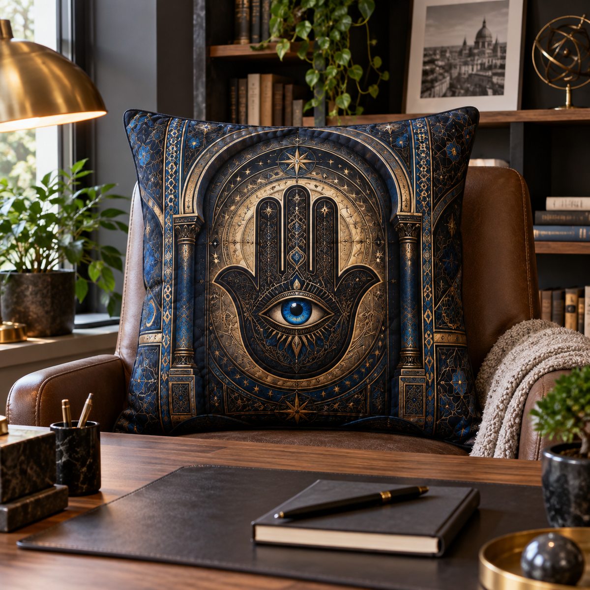 Hamsa Gilded Study Quilted Cushion Cover with printed optical 3D artwork in its use setting