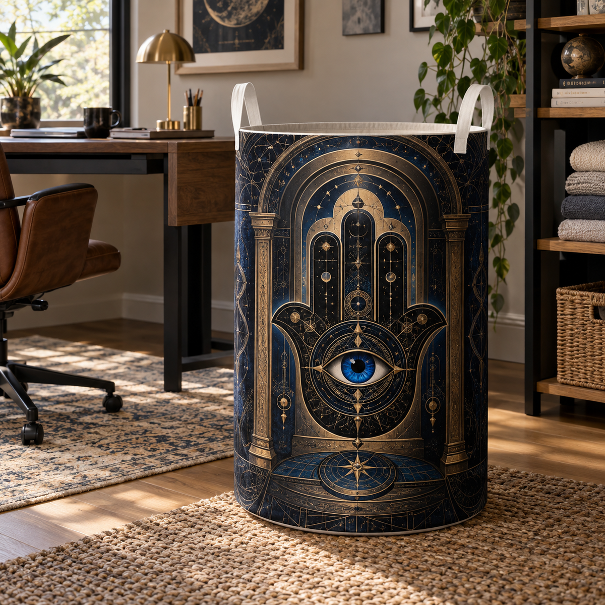 Hamsa Gilded Study Laundry Hamper with printed optical 3D artwork in its use setting