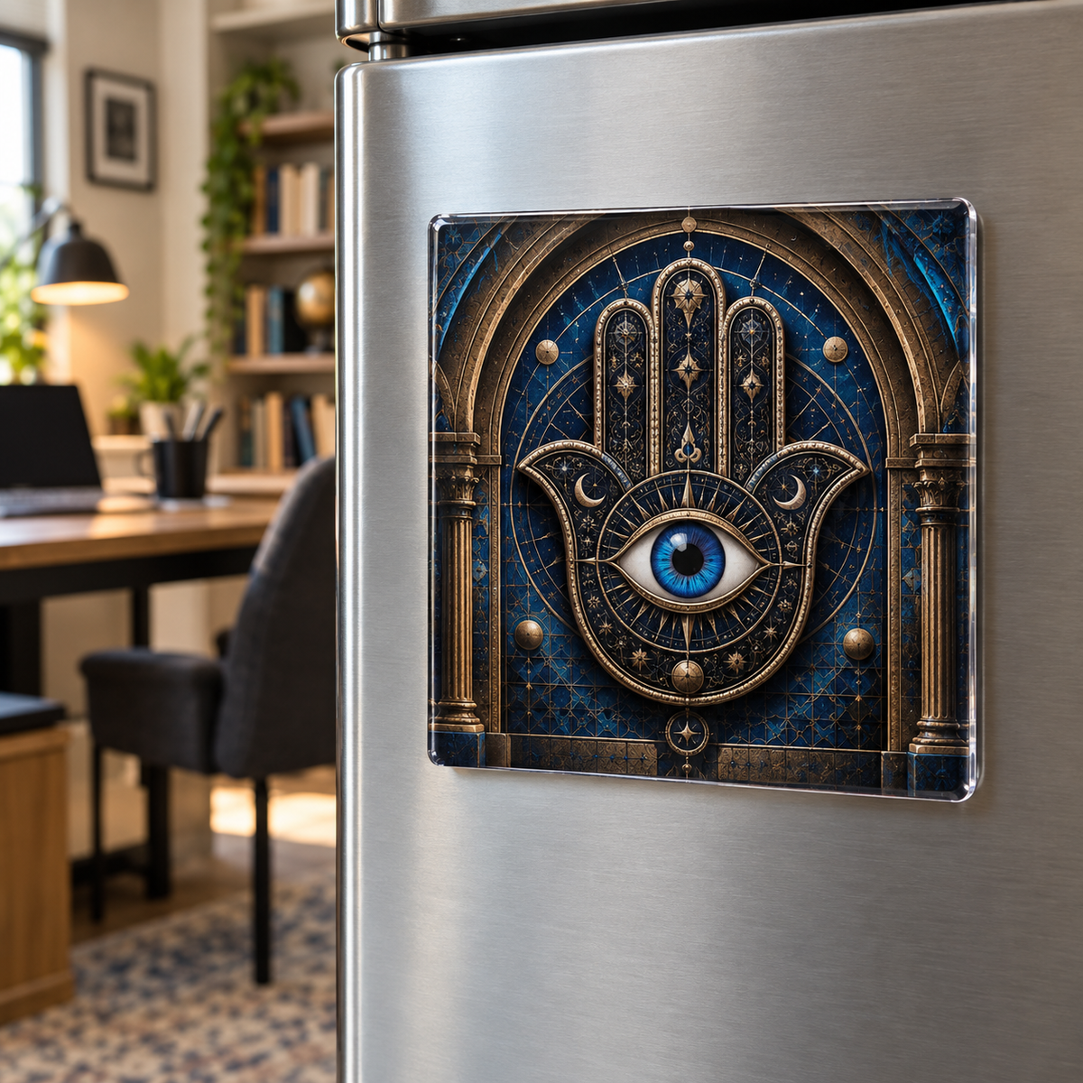 Hamsa Gilded Study Acrylic Refrigerator Magnet with printed optical 3D artwork in its use setting
