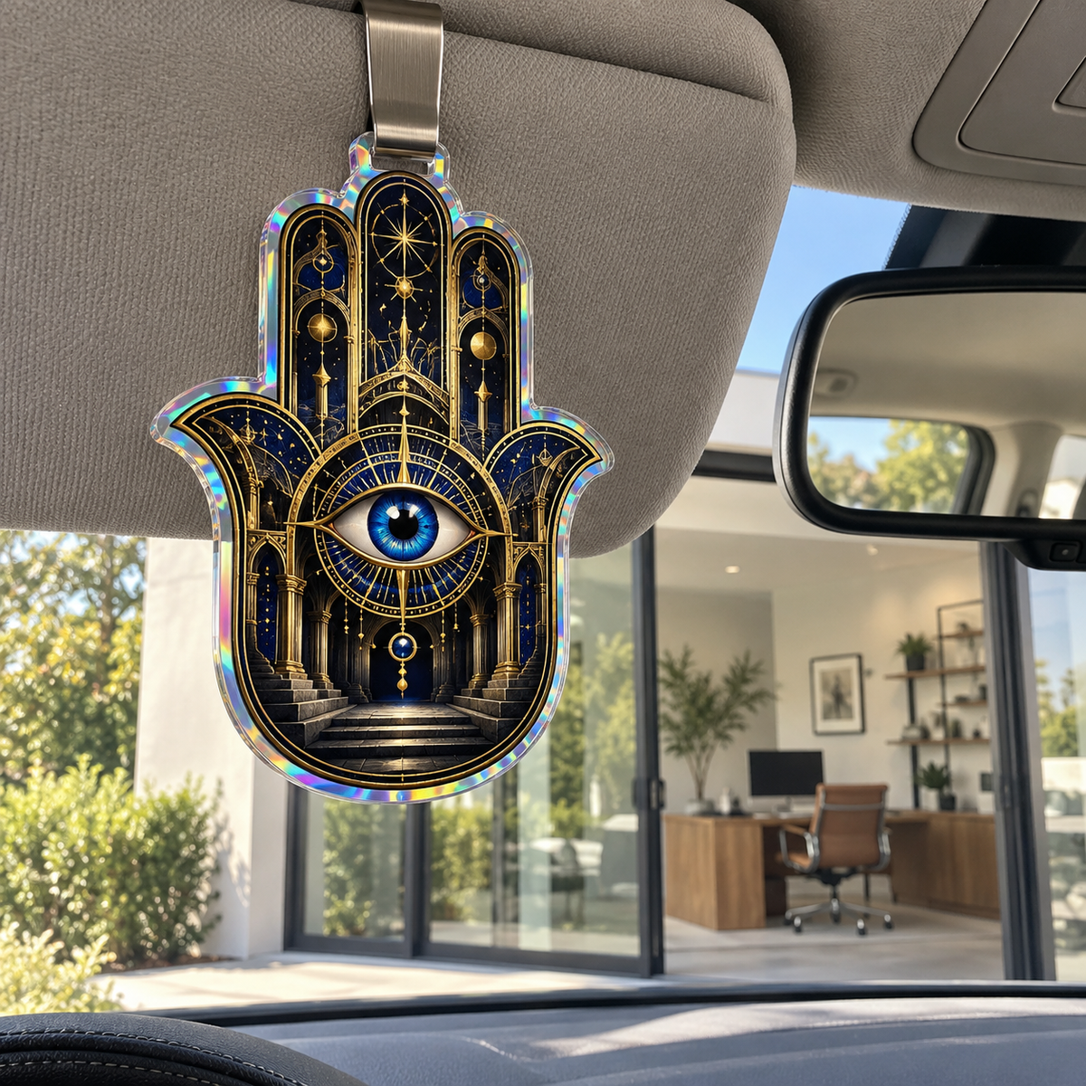 Hamsa Gilded Study Holographic Car Visor Clip with printed optical 3D artwork in its use setting