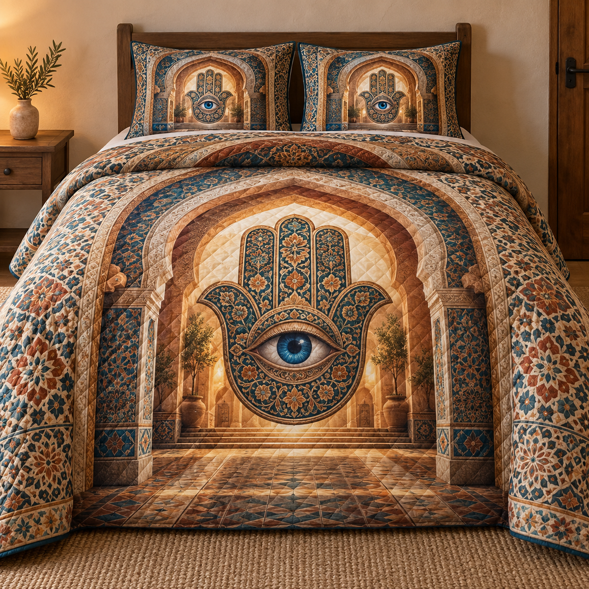 Hamsa Welcome Arch Quilted Bedding Set with printed optical 3D artwork in its use setting