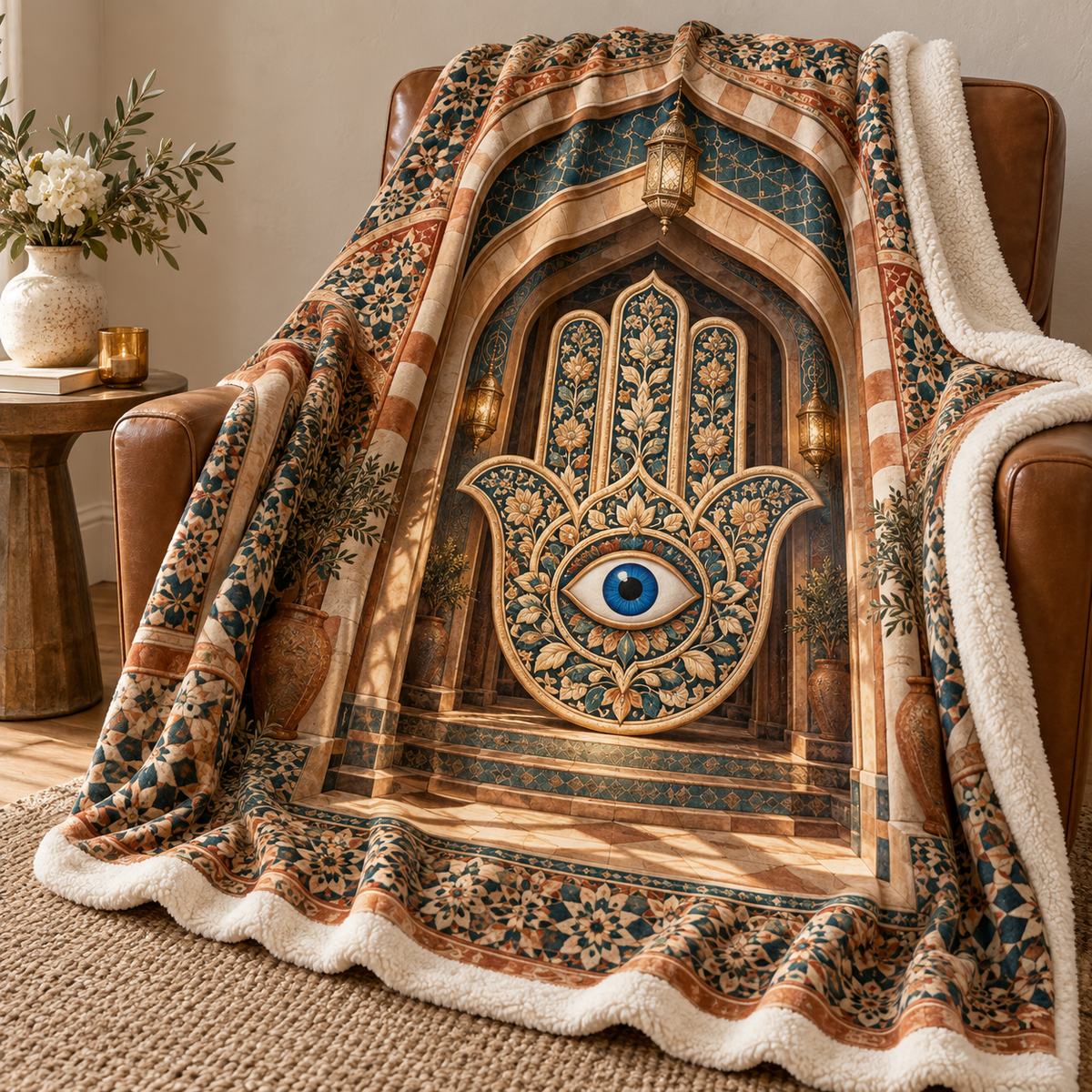 Hamsa Welcome Arch Sherpa & Fleece Blanket with printed optical 3D artwork in its use setting