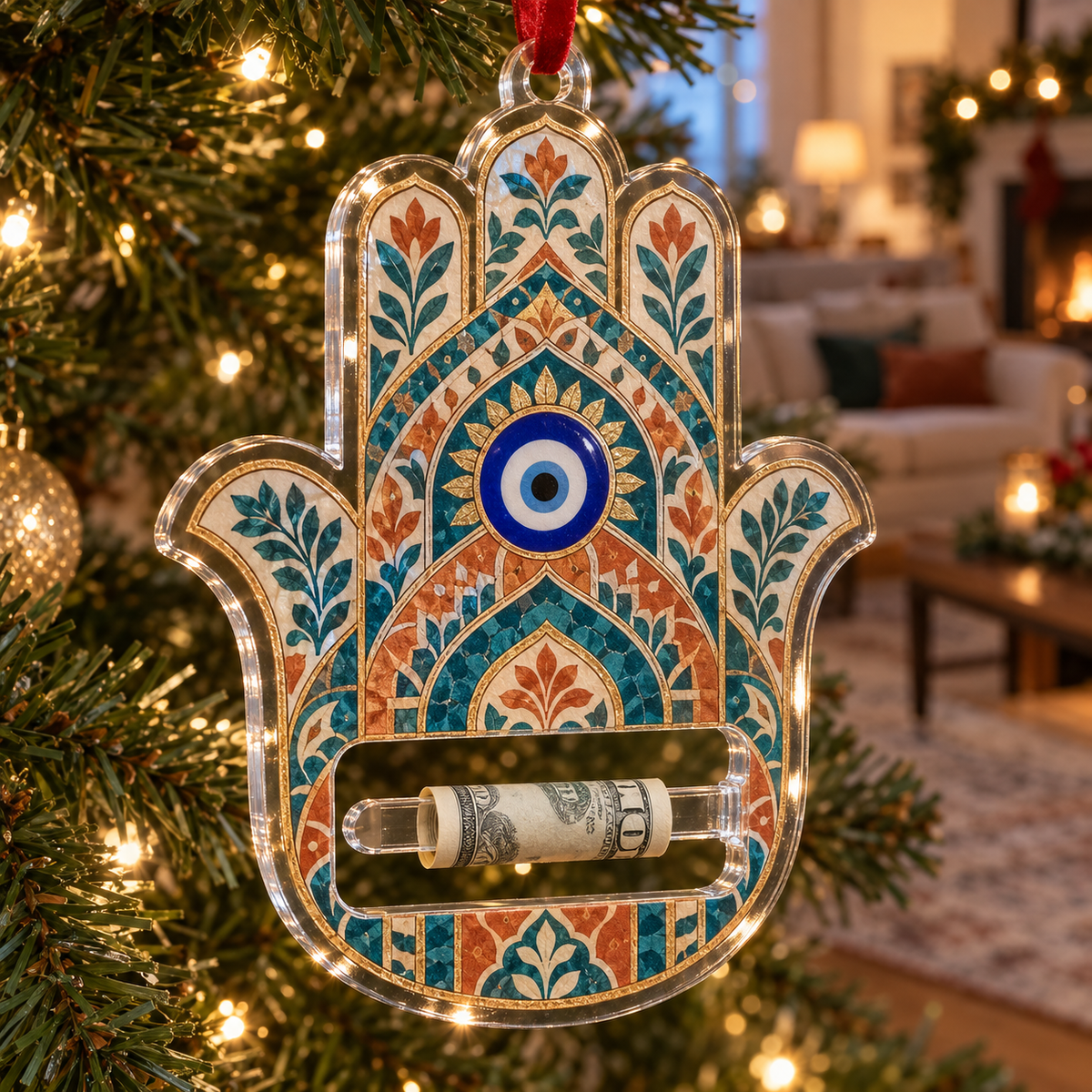 Hamsa Welcome Arch Acrylic Cash Holder Ornament with printed optical 3D artwork in its use setting