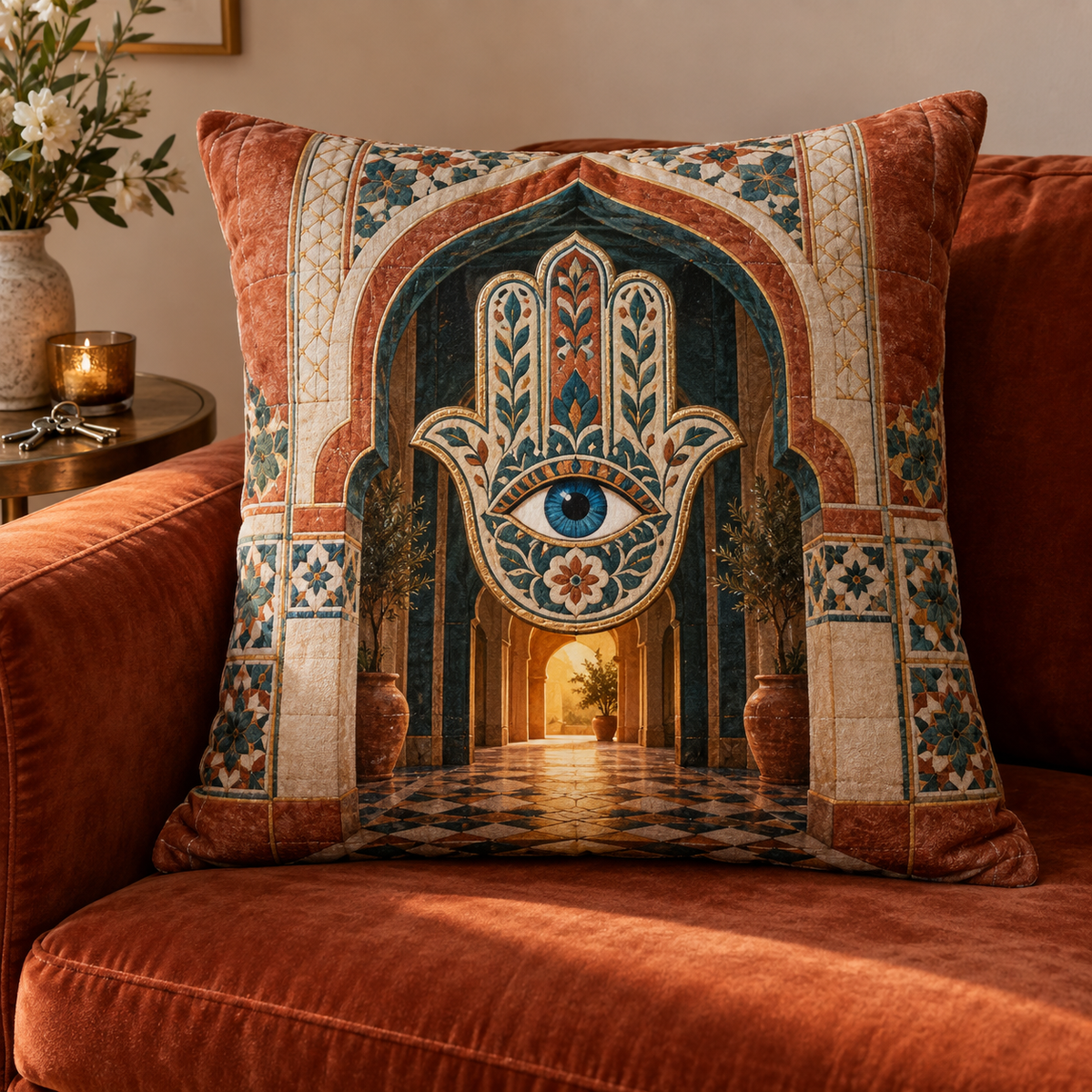 Hamsa Welcome Arch Quilted Cushion Cover with printed optical 3D artwork in its use setting