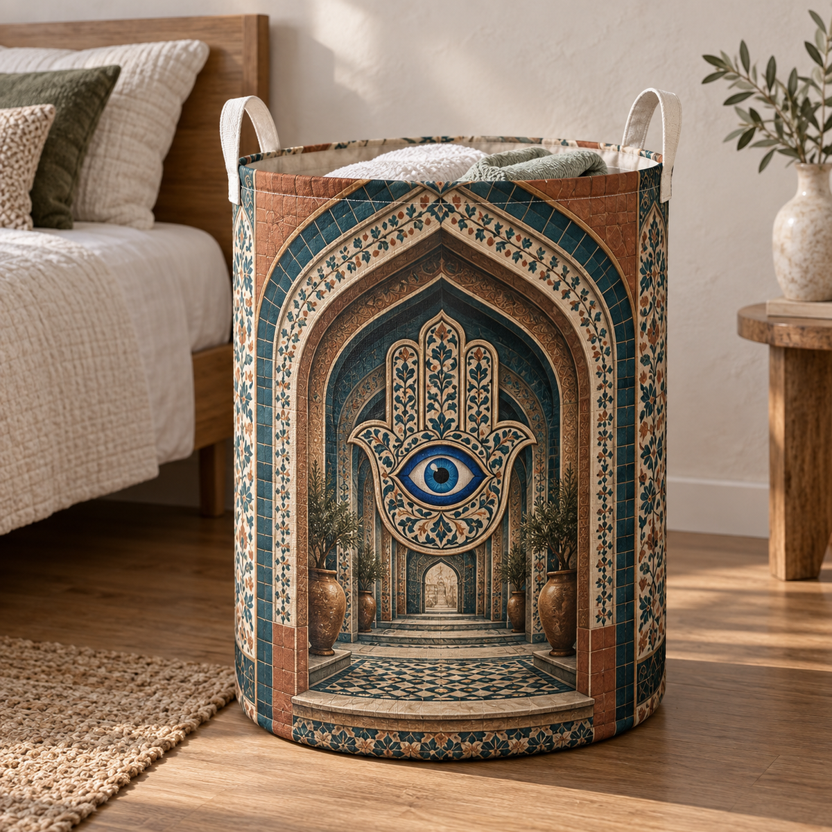 Hamsa Welcome Arch Laundry Hamper with printed optical 3D artwork in its use setting