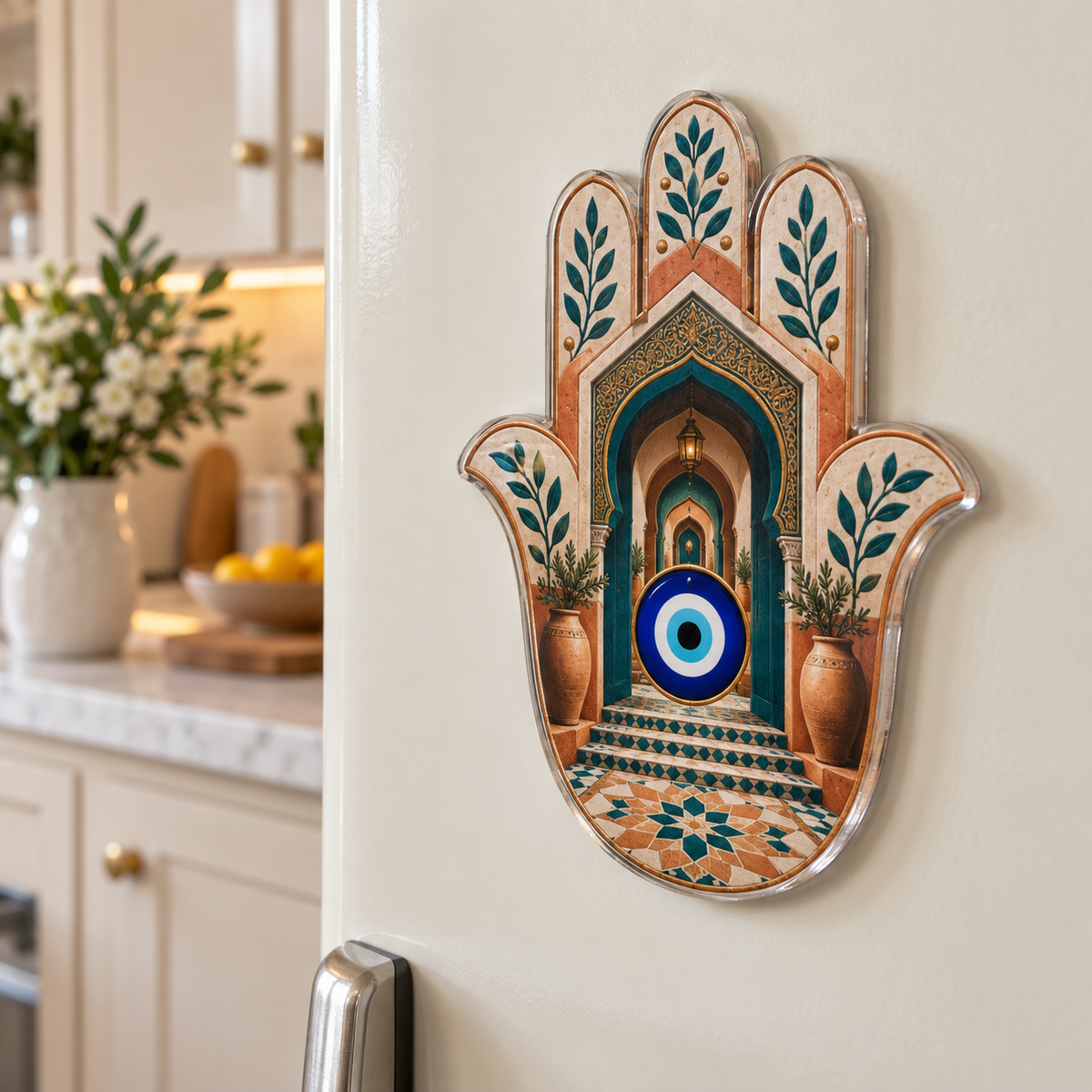 Hamsa Welcome Arch Acrylic Refrigerator Magnet with printed optical 3D artwork in its use setting