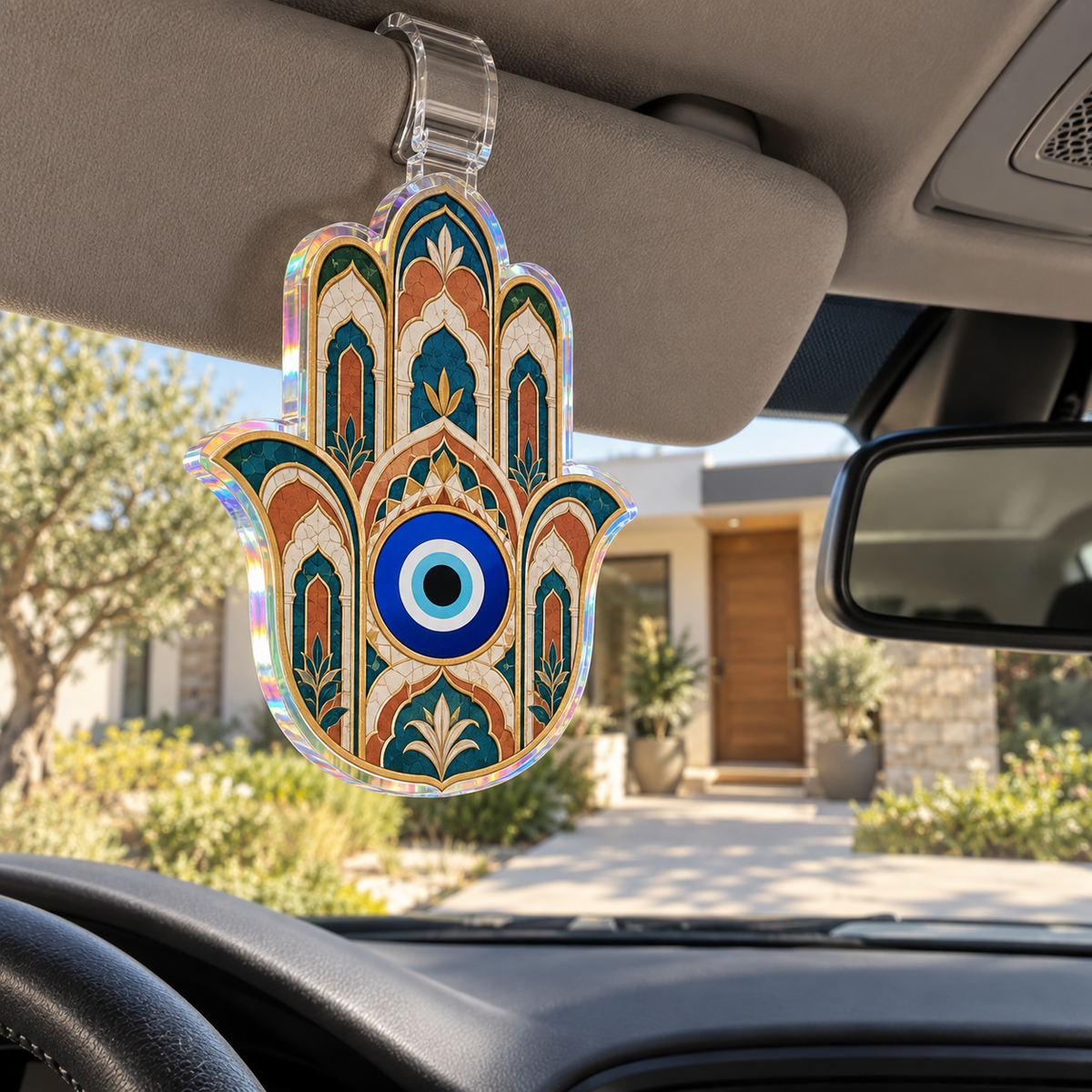 Hamsa Welcome Arch Holographic Car Visor Clip with printed optical 3D artwork in its use setting
