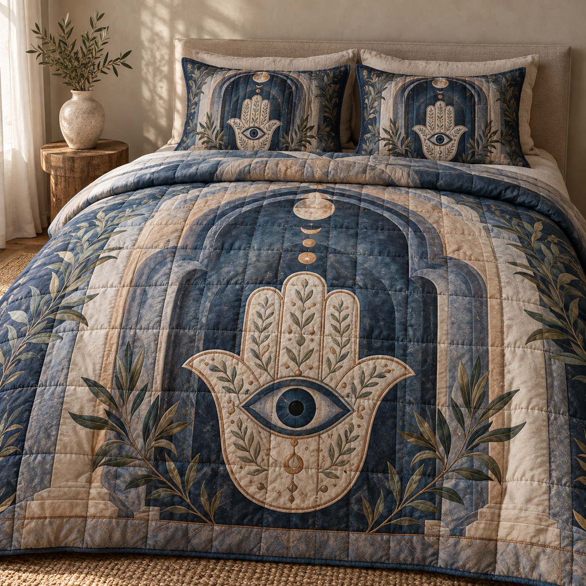Hamsa Quiet Sanctuary Quilted Bedding Set with printed optical 3D artwork in its use setting