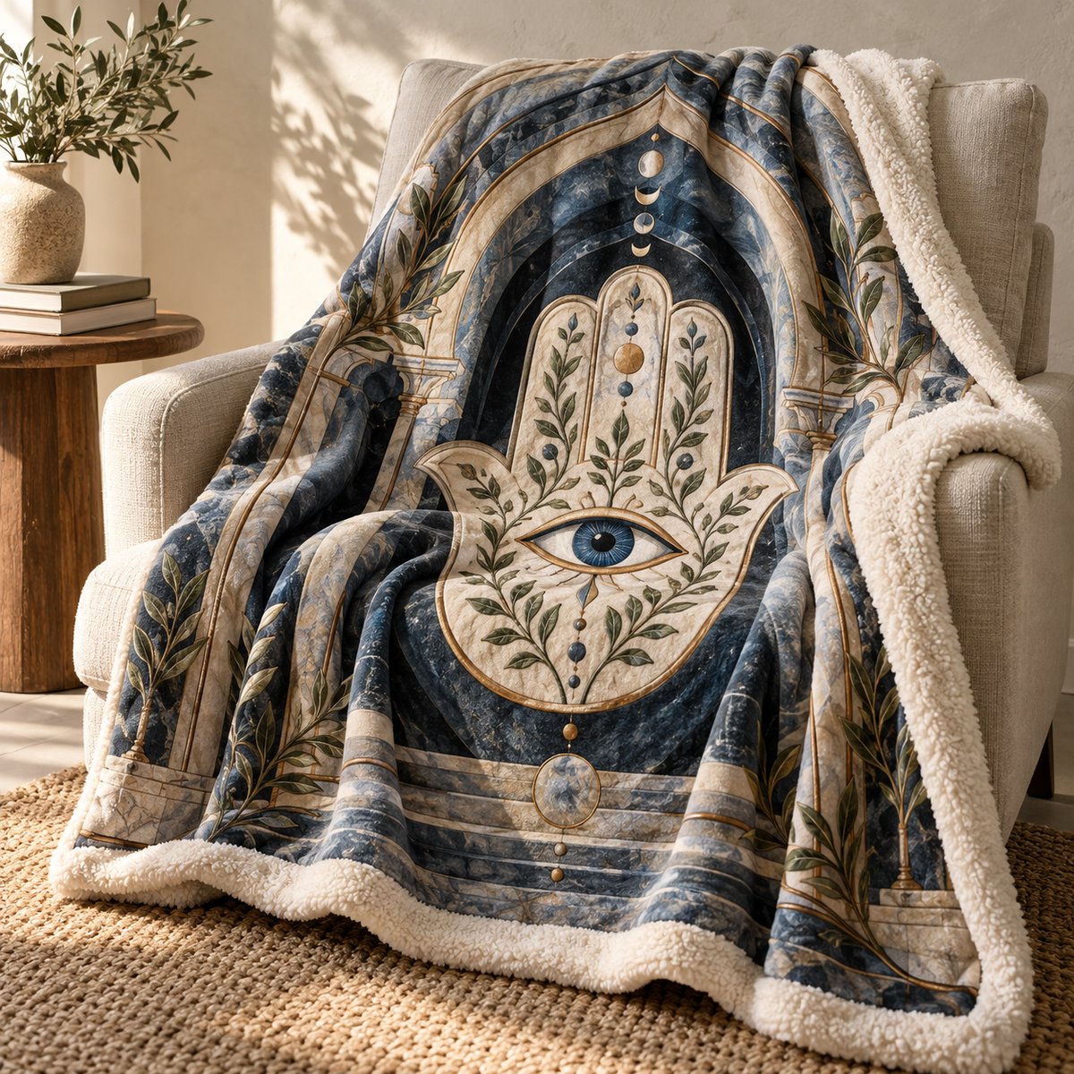 Hamsa Quiet Sanctuary Sherpa & Fleece Blanket with printed optical 3D artwork in its use setting