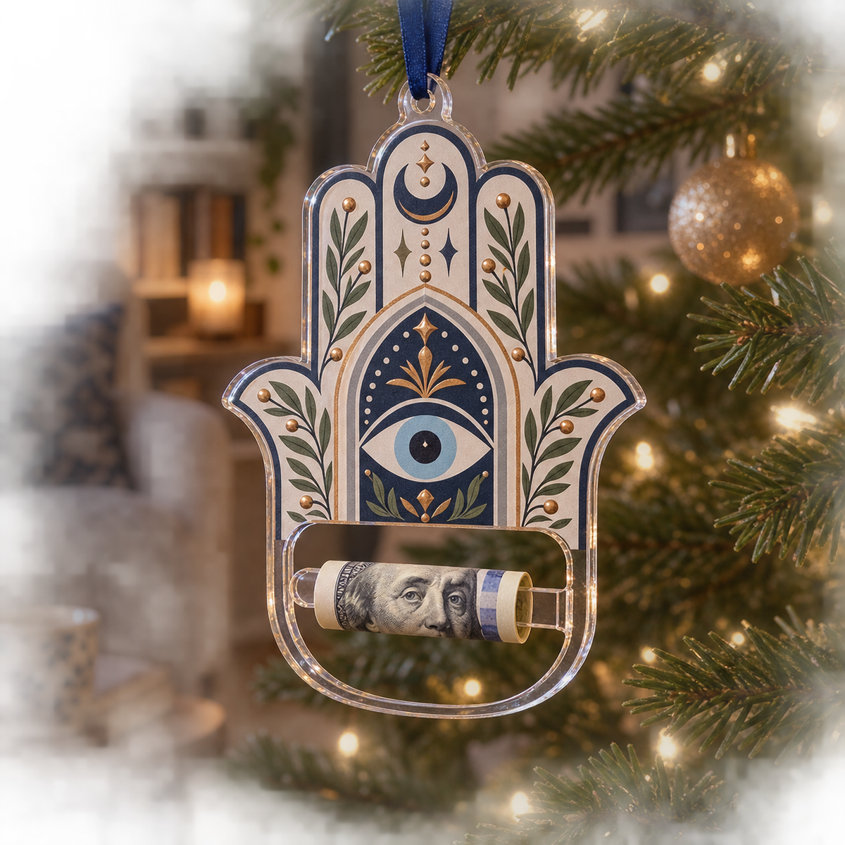 Hamsa Quiet Sanctuary Acrylic Cash Holder Ornament with printed optical 3D artwork in its use setting