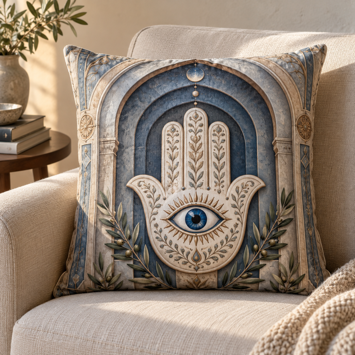 Hamsa Quiet Sanctuary Quilted Cushion Cover with printed optical 3D artwork in its use setting