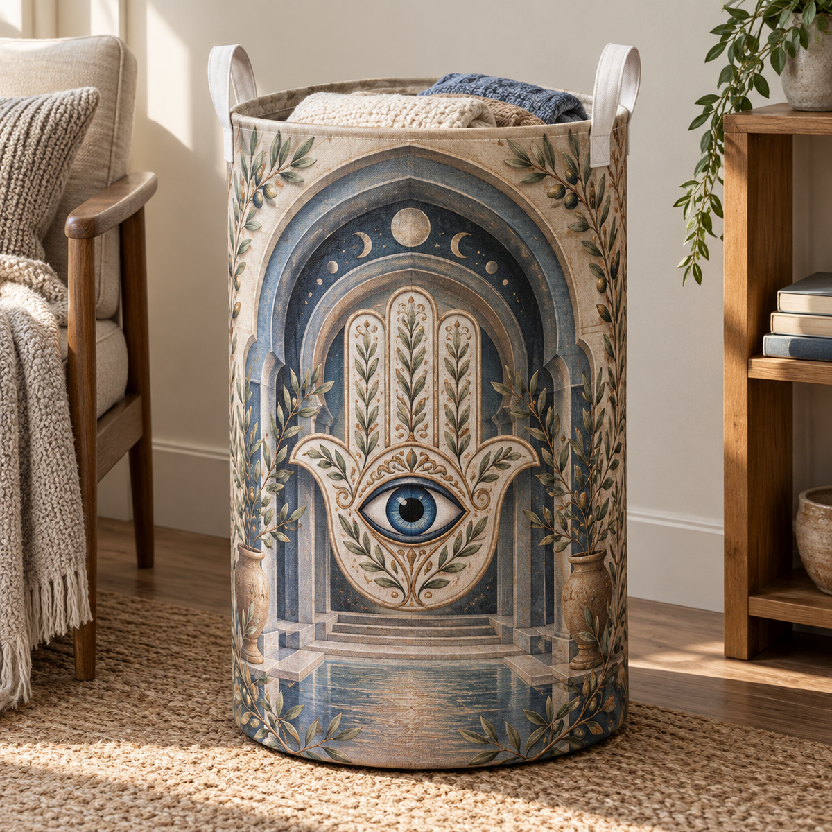 Hamsa Quiet Sanctuary Laundry Hamper with printed optical 3D artwork in its use setting