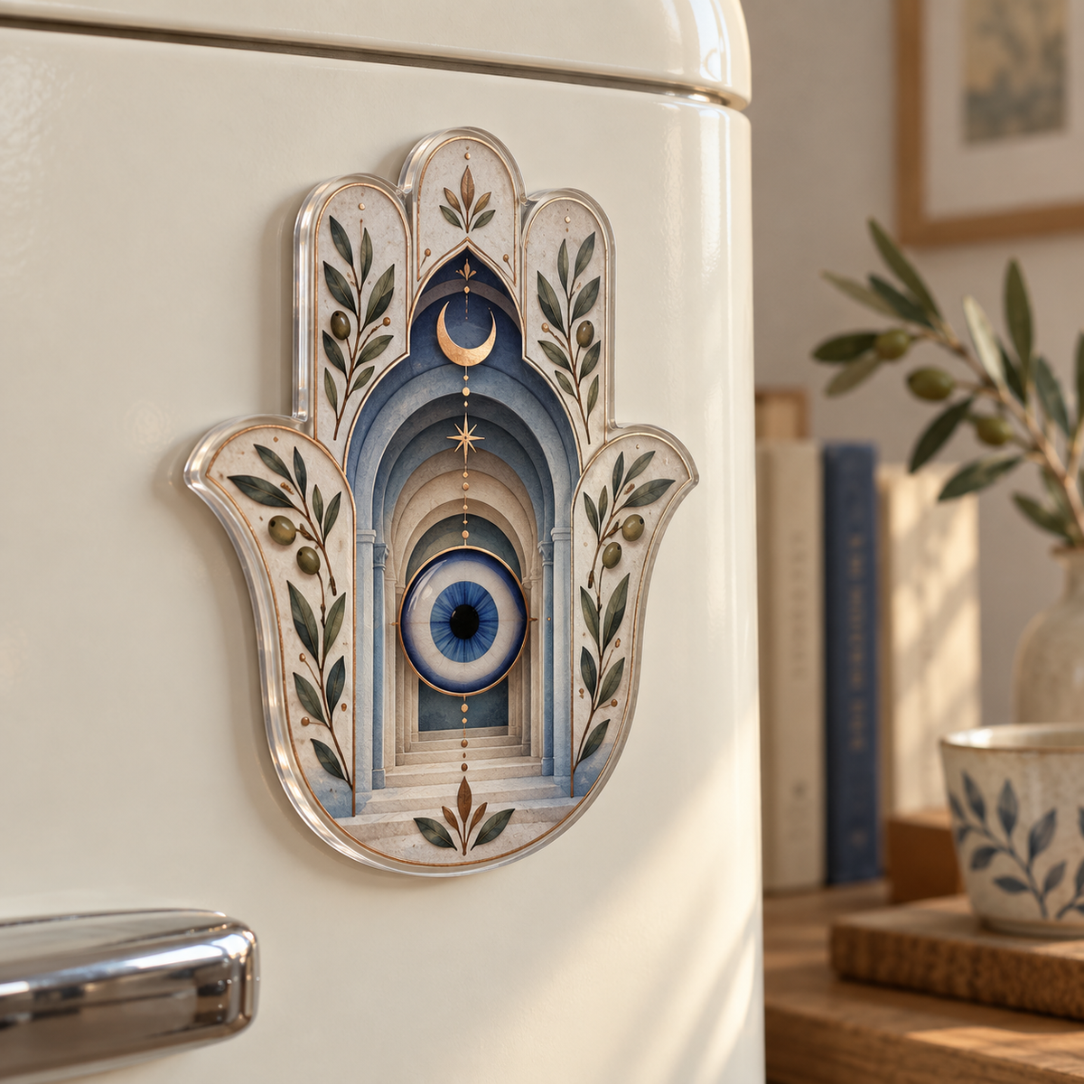 Hamsa Quiet Sanctuary Acrylic Refrigerator Magnet with printed optical 3D artwork in its use setting