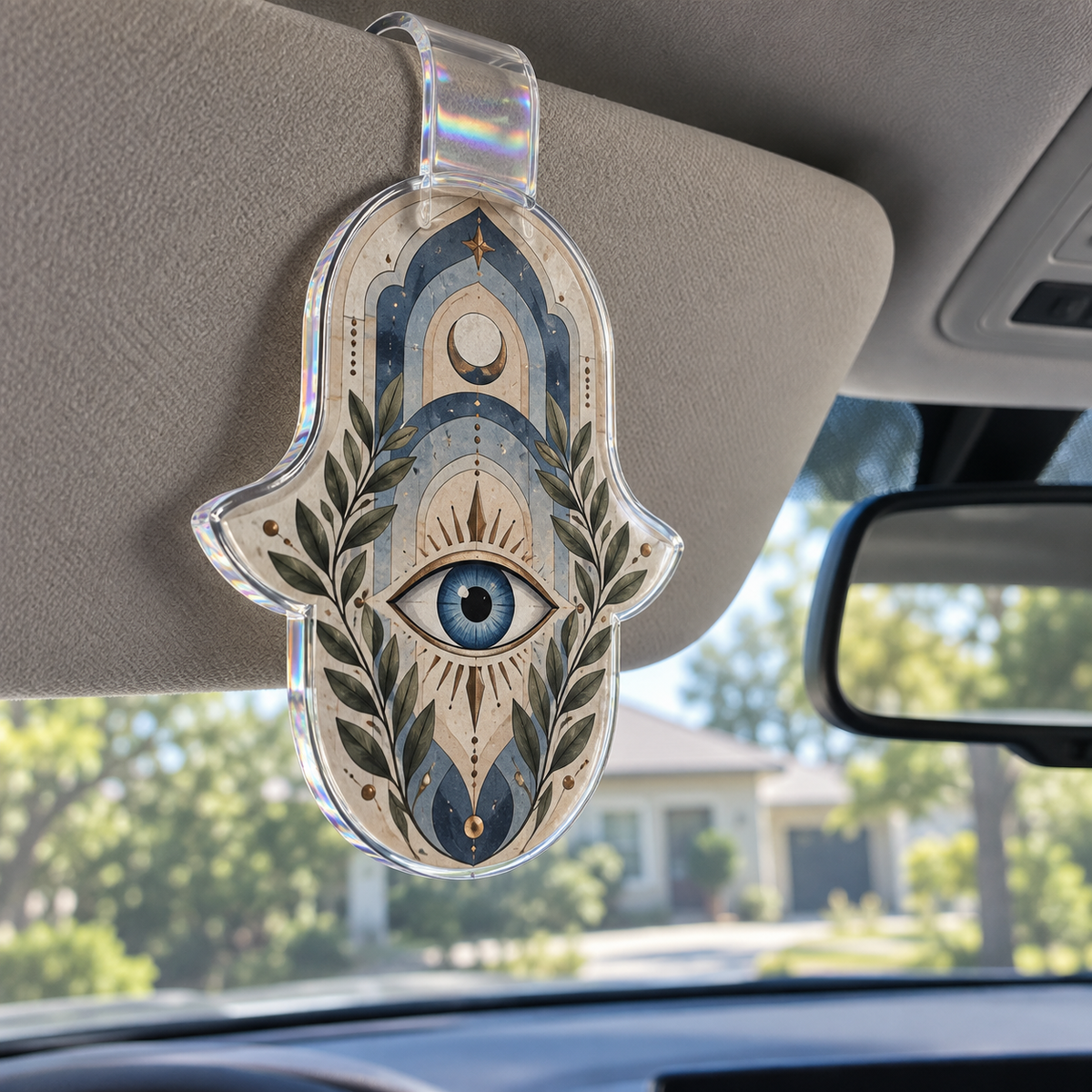 Hamsa Quiet Sanctuary Holographic Car Visor Clip with printed optical 3D artwork in its use setting