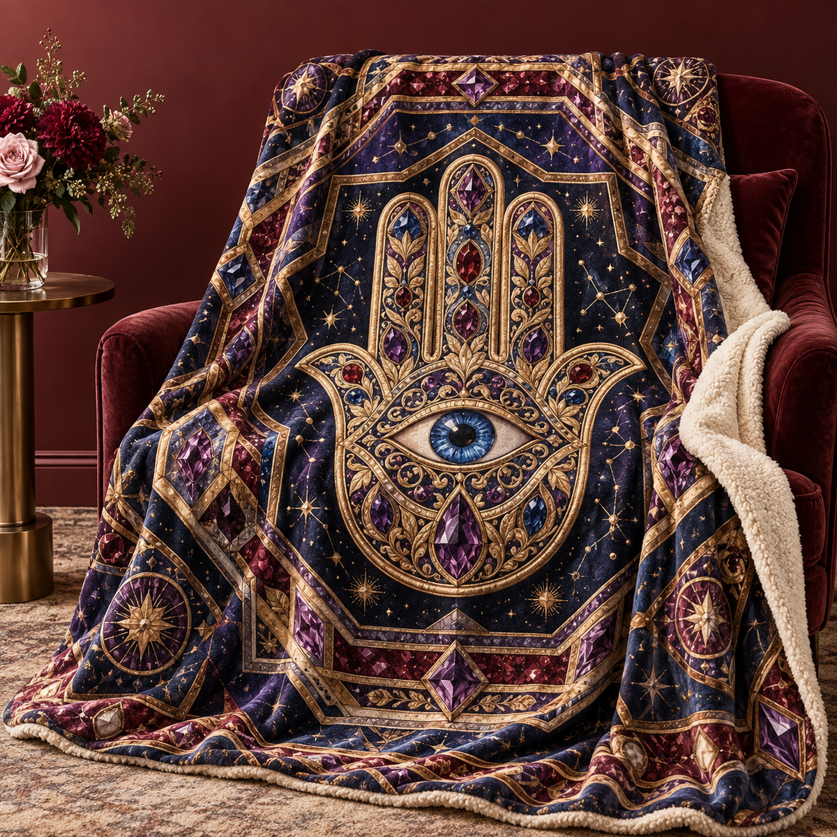 Hamsa Celestial Keepsake Sherpa & Fleece Blanket with printed optical 3D artwork in its use setting