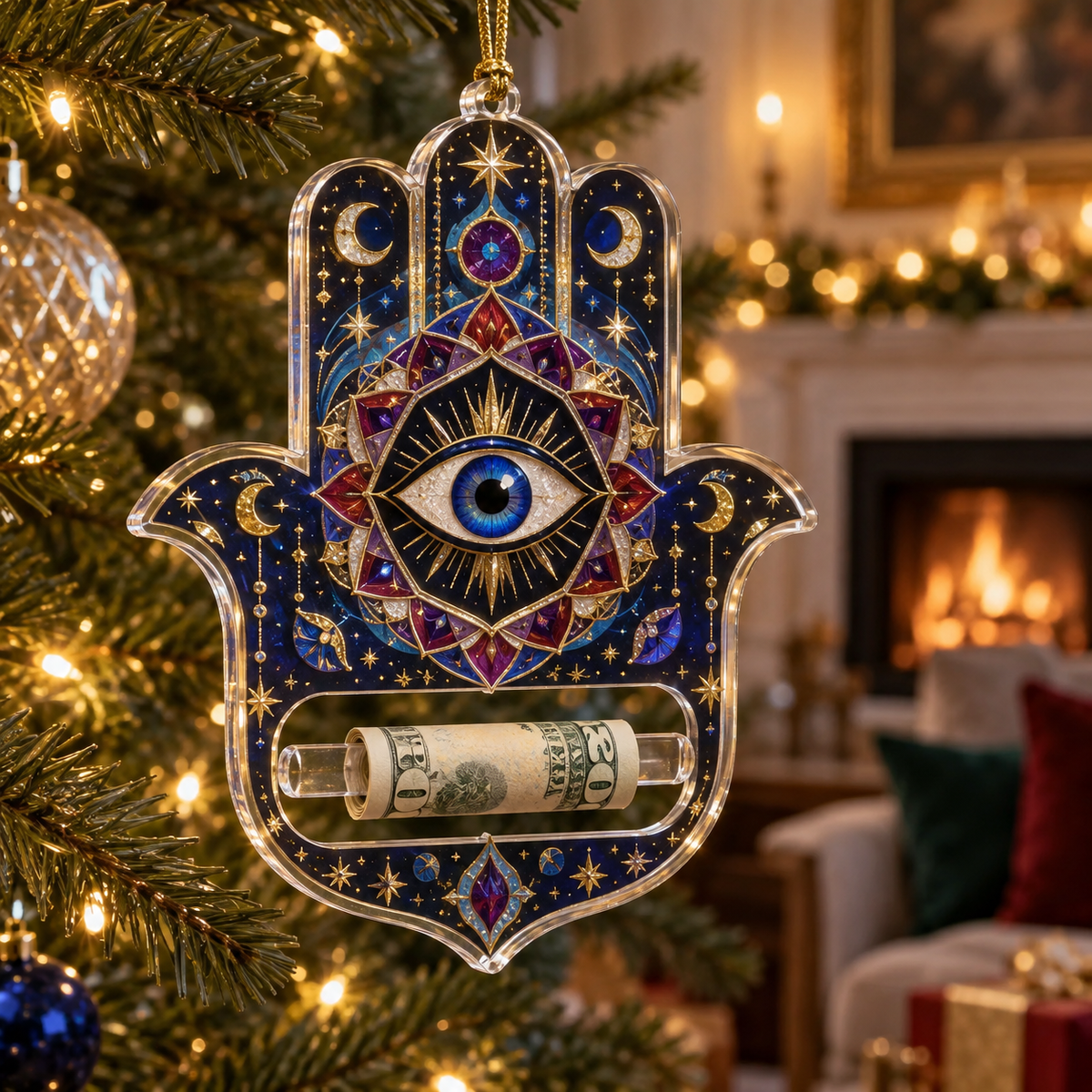 Hamsa Celestial Keepsake Acrylic Cash Holder Ornament with printed optical 3D artwork in its use setting