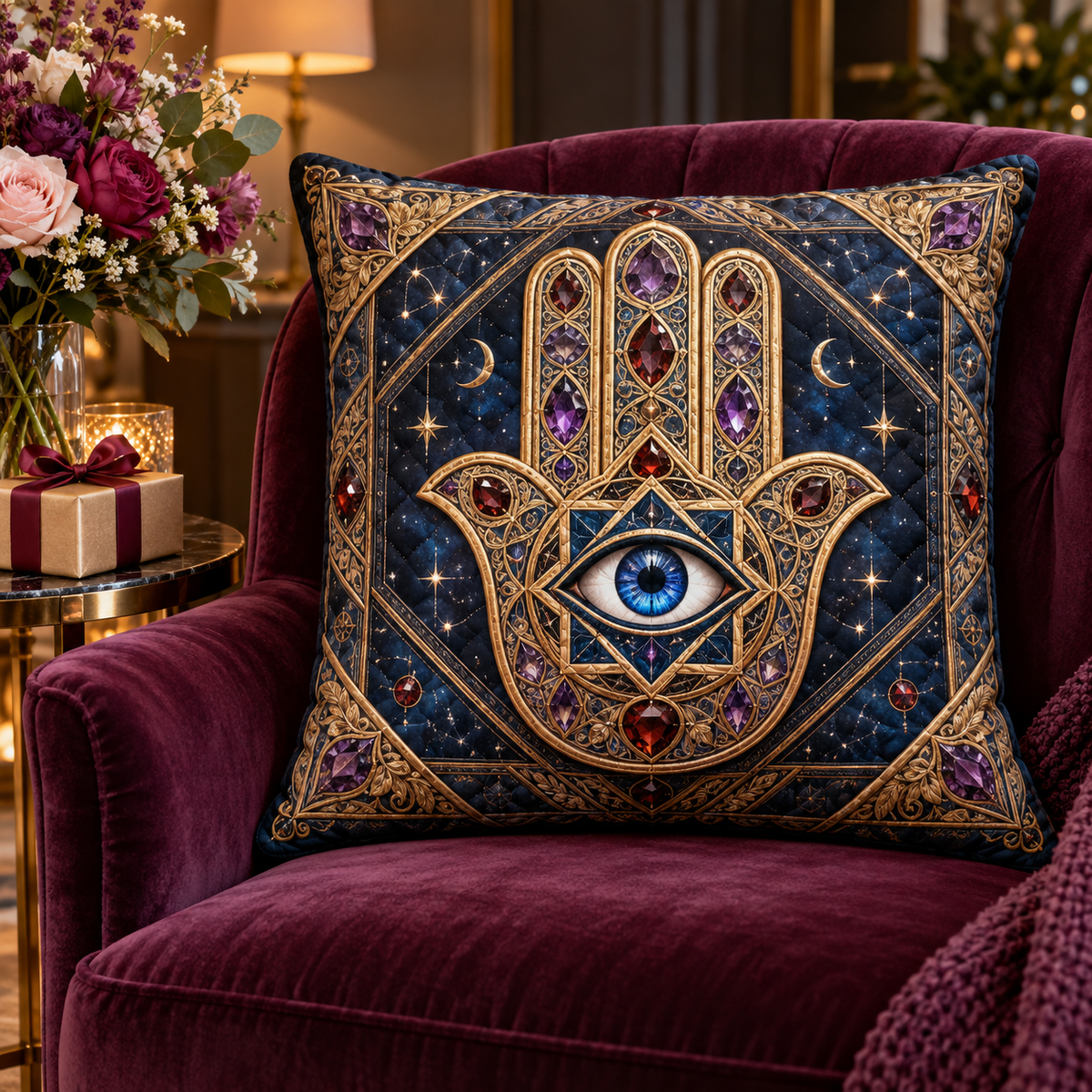 Hamsa Celestial Keepsake Quilted Cushion Cover with printed optical 3D artwork in its use setting