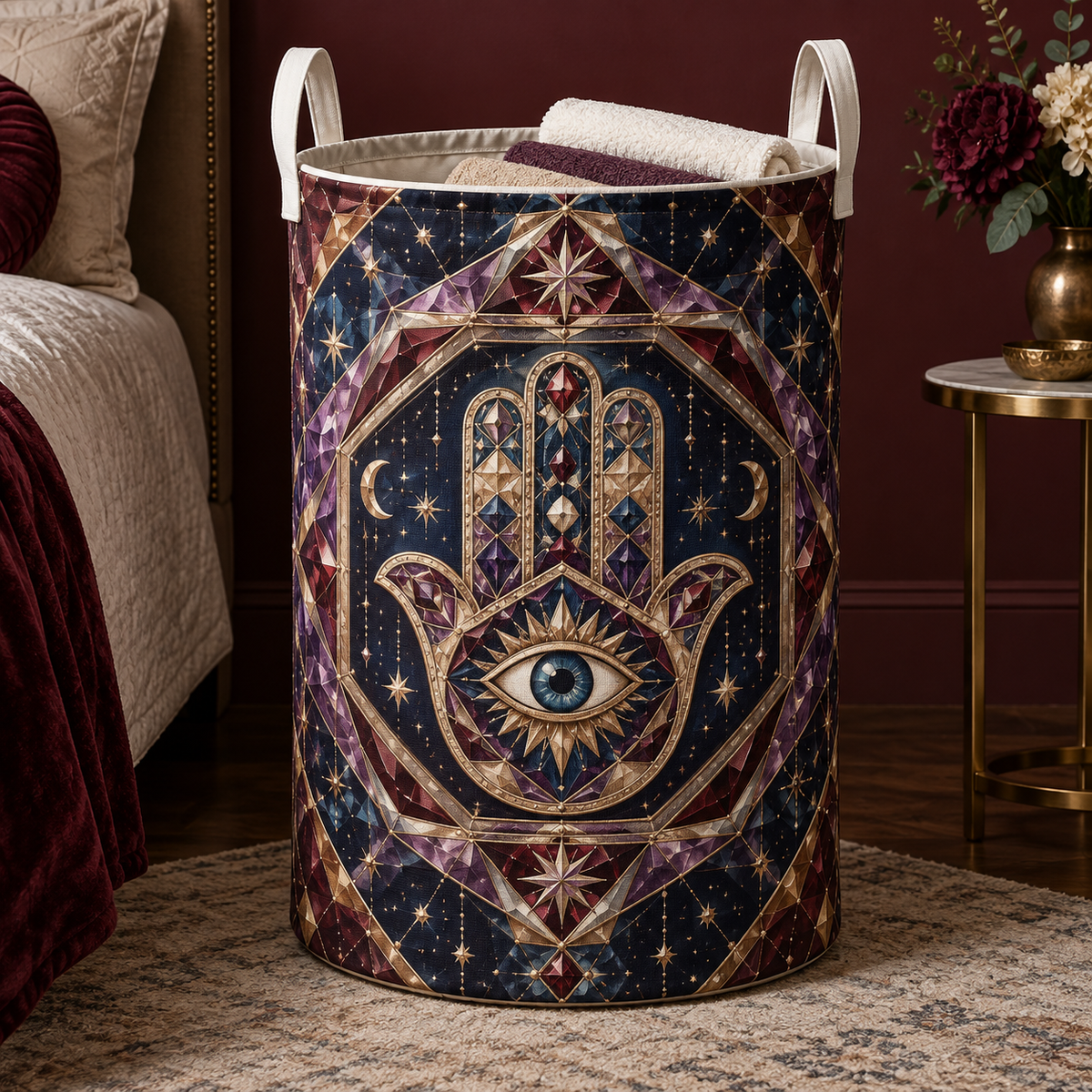 Hamsa Celestial Keepsake Laundry Hamper with printed optical 3D artwork in its use setting