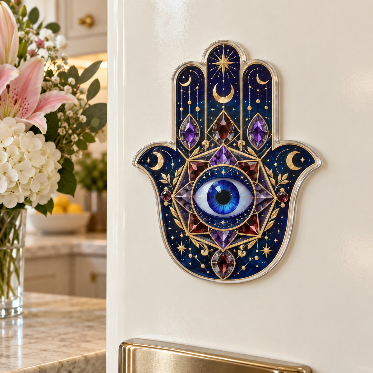 Hamsa Celestial Keepsake Acrylic Refrigerator Magnet with printed optical 3D artwork in its use setting