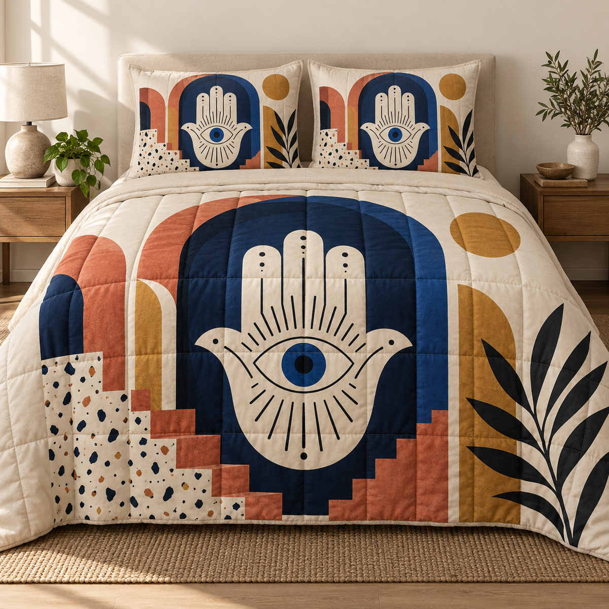Hamsa Modern Gallery Quilted Bedding Set with printed optical 3D artwork in its use setting