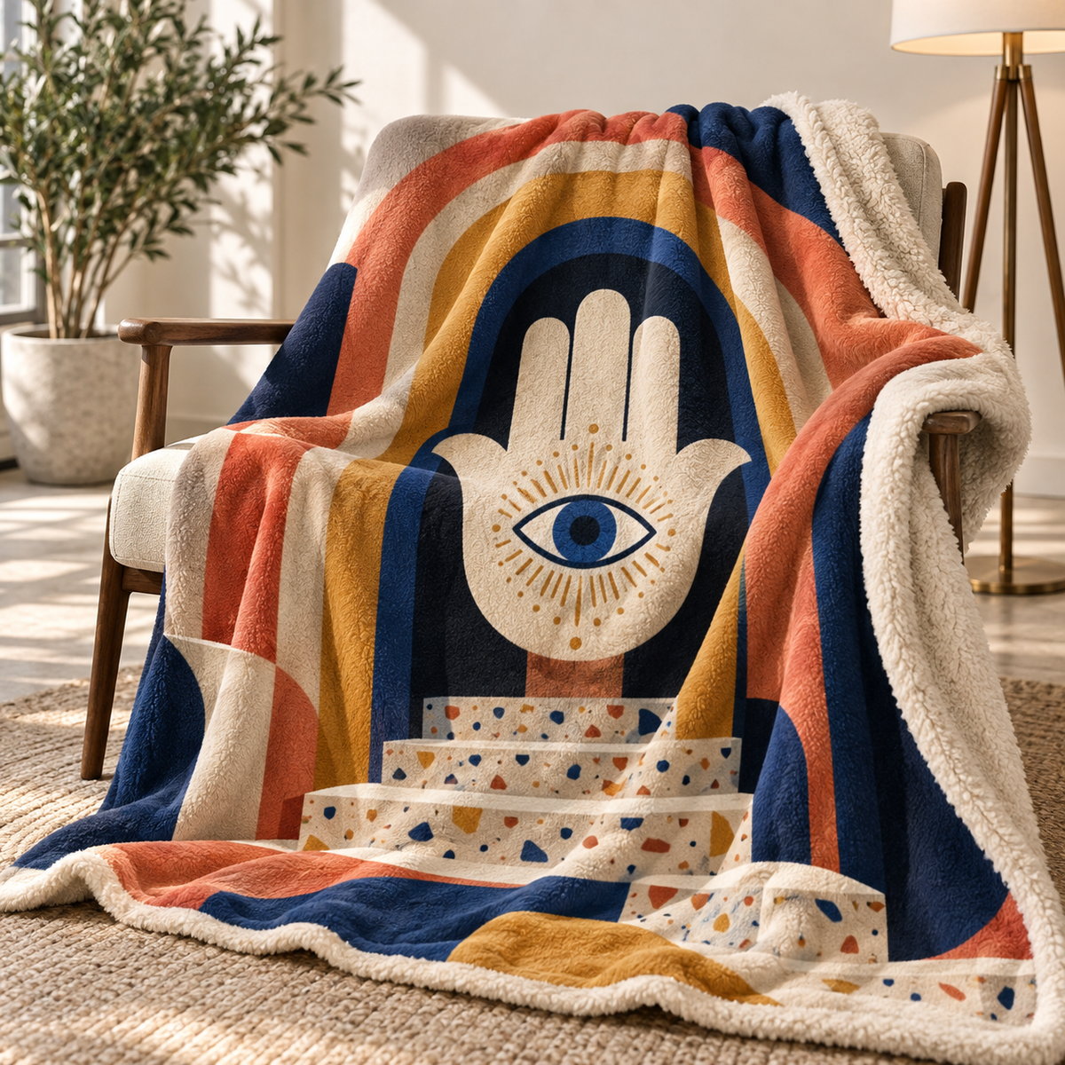Hamsa Modern Gallery Sherpa & Fleece Blanket with printed optical 3D artwork in its use setting